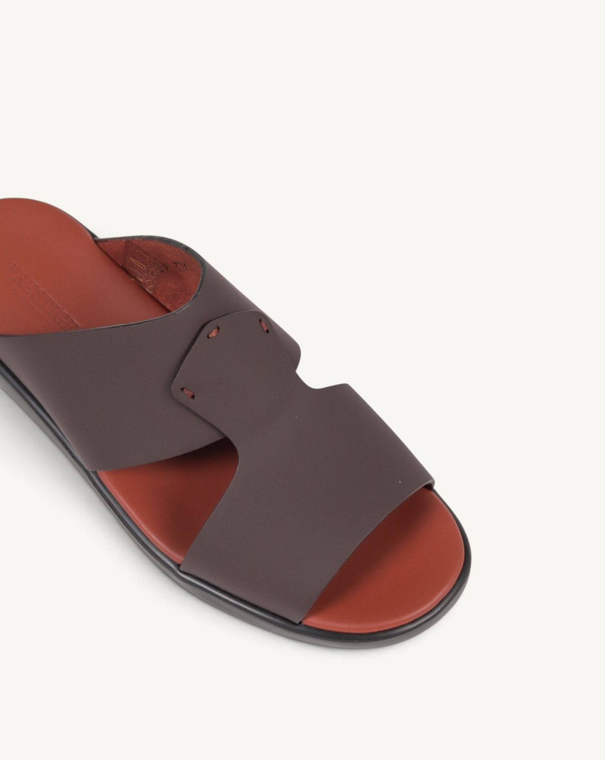 Prestige PG-XL2 Gommato Nutella slide sandals in dark brown leather with a comfortable rust-colored footbed.