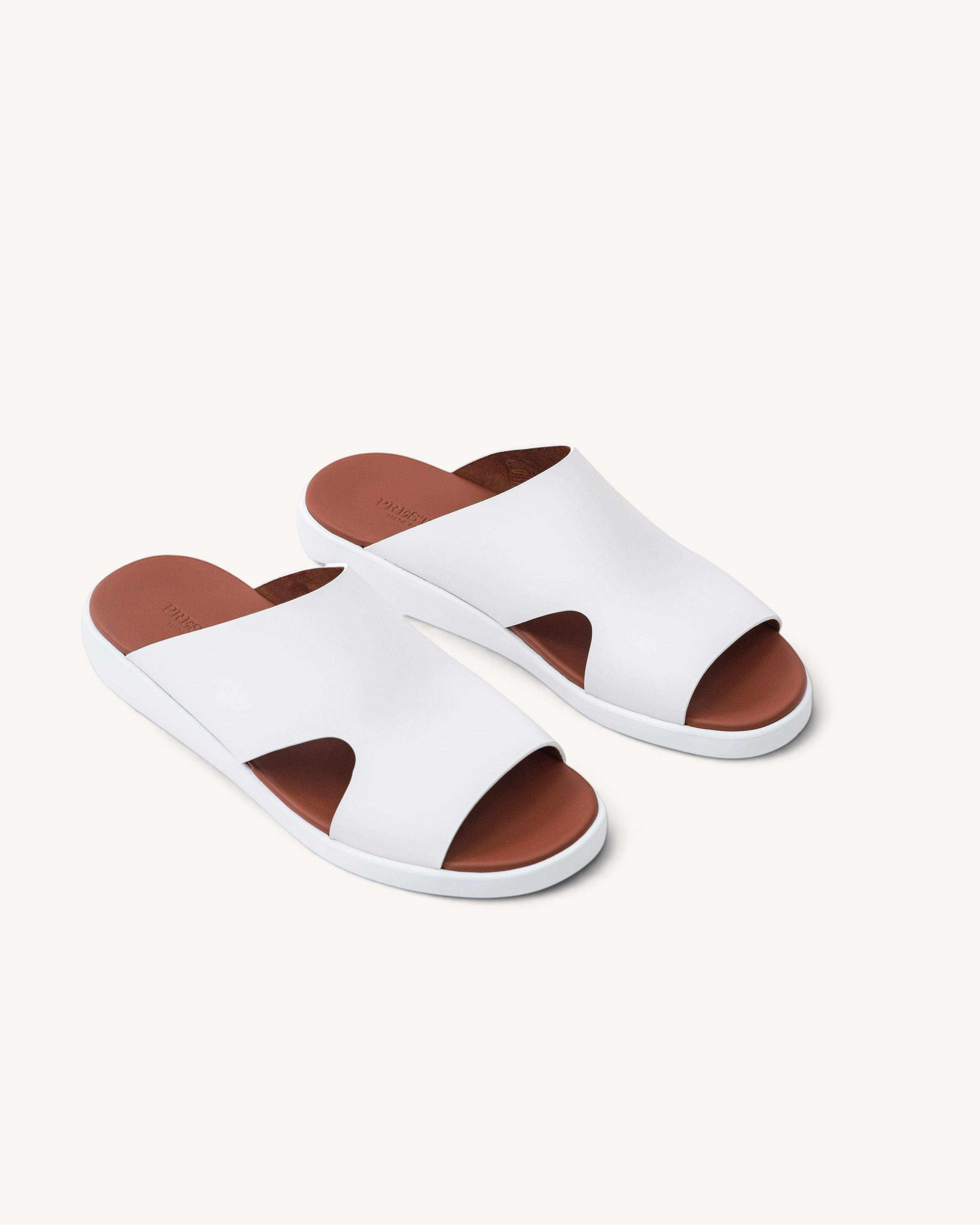 Prestige PG-XL5 Lord Gommato white leather slide sandals with a brown footbed and lightweight white sole