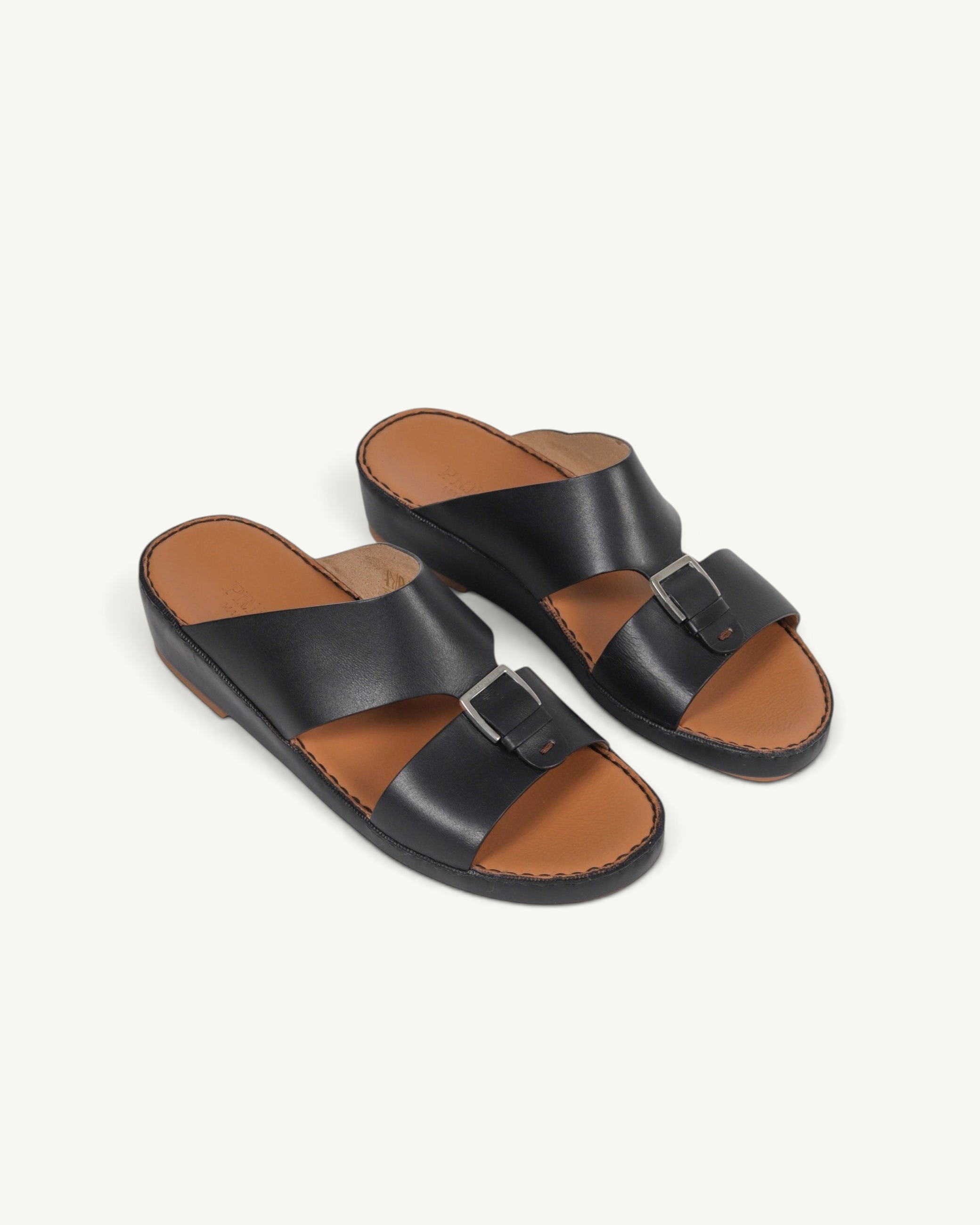 Prestige P3344 Phantom black leather slide sandals with adjustable buckle straps and tan footbed