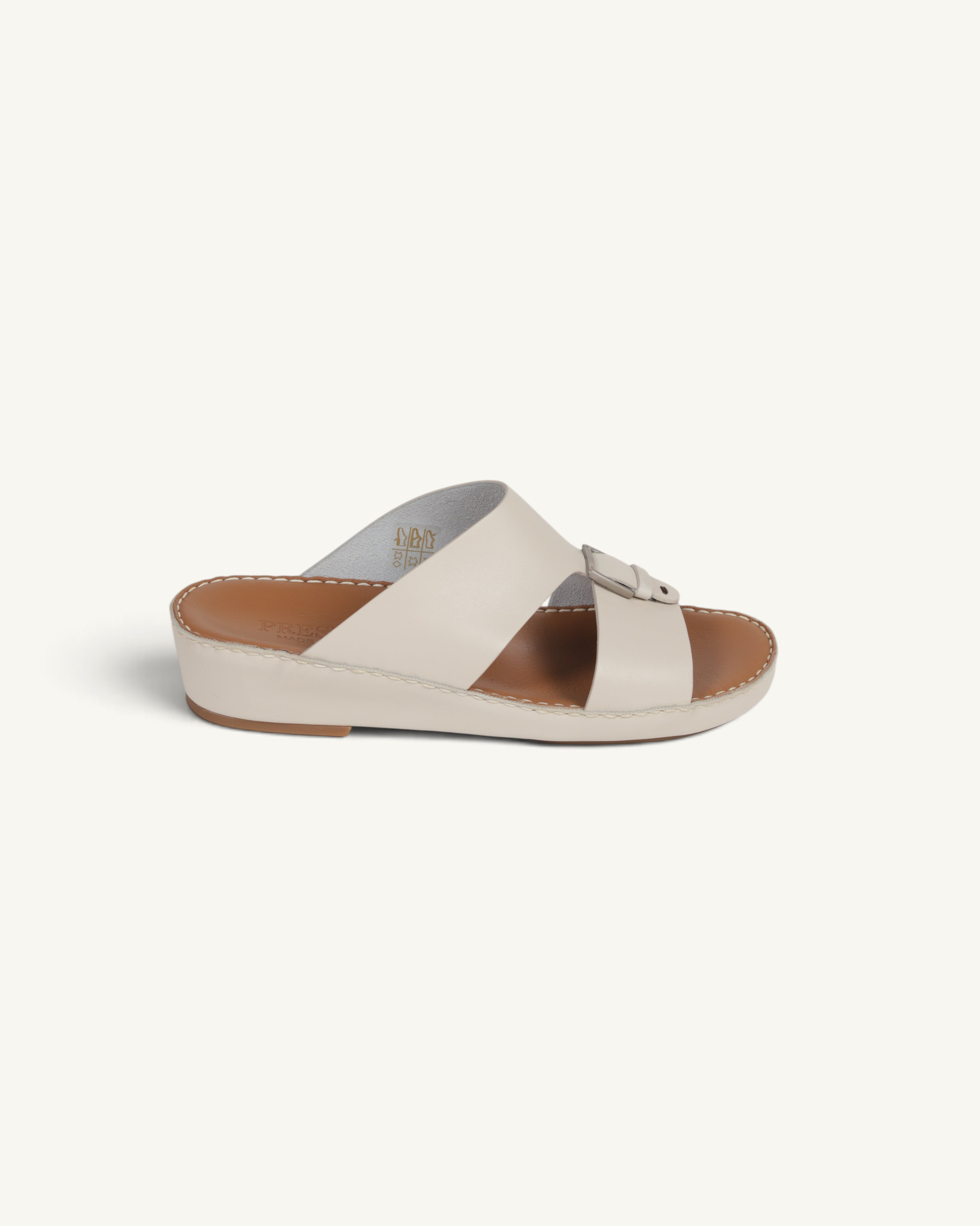 Prestige P3344 Phantom NC milk leather slide sandals with a buckle strap and tan cushioned footbed