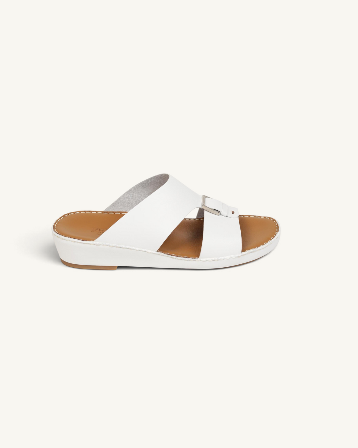Prestige P3344 Phantom white leather slide sandal with a side buckle and tan footbed