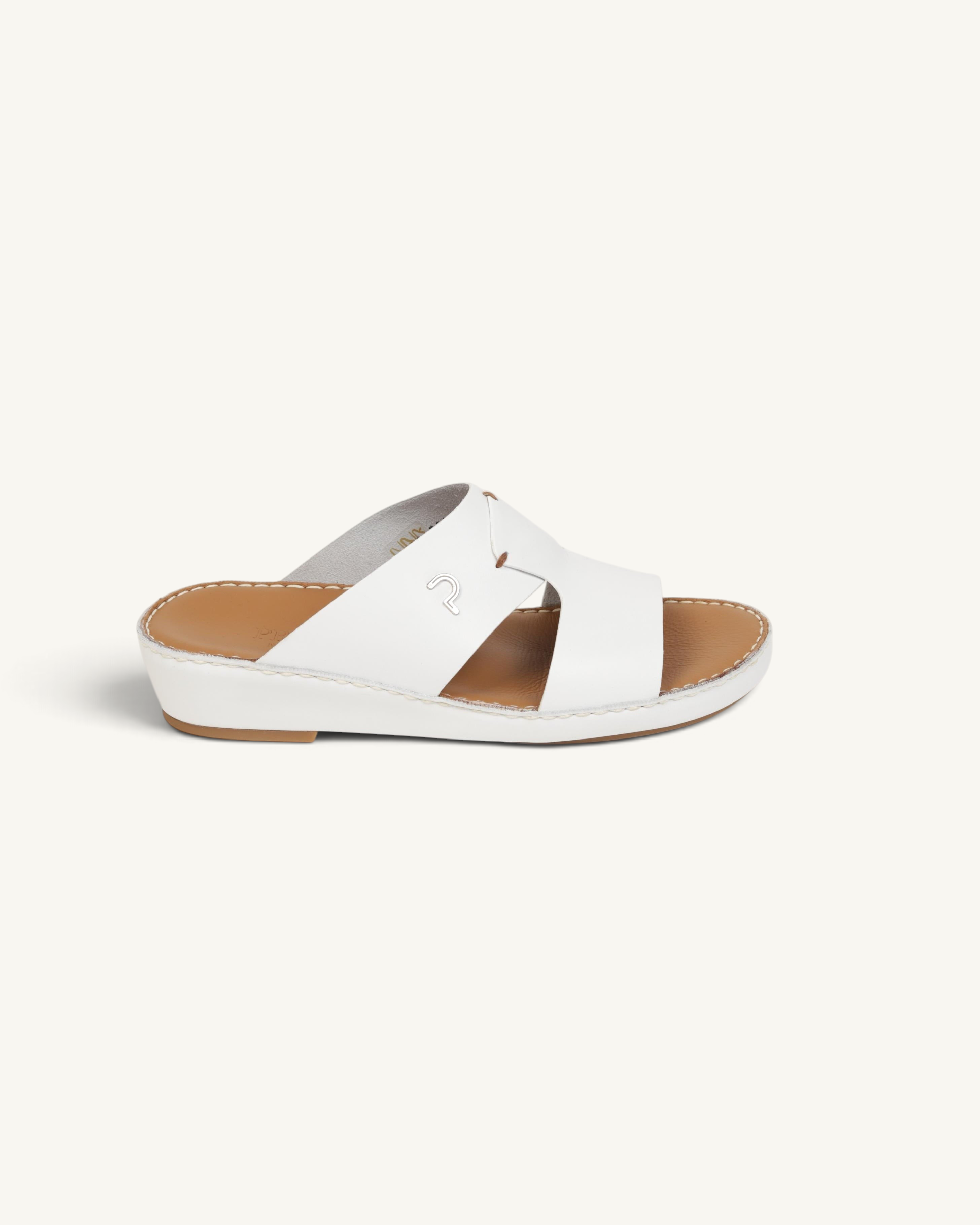 Prestige P3345 Phantom white leather slide sandal with a tan footbed and subtle metallic logo detail