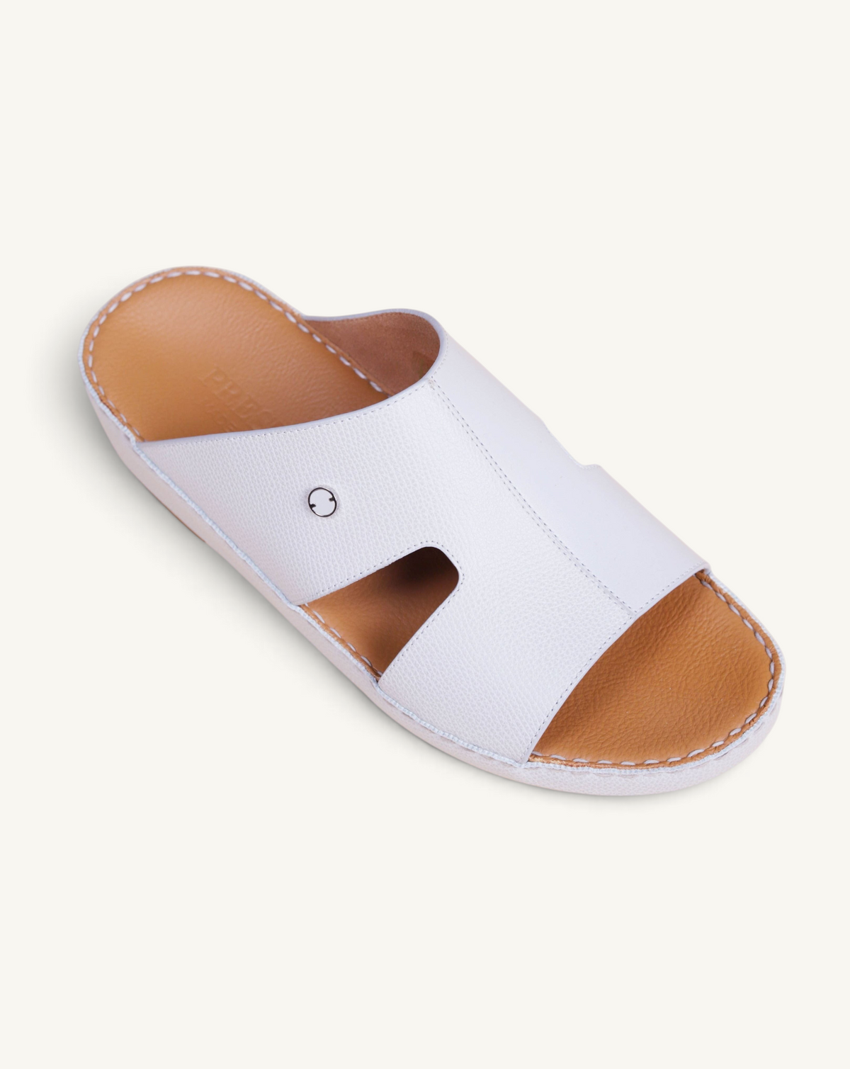 Prestige Portofino slide sandal in white nappa leather with tan leather insole and stitched detailing.
