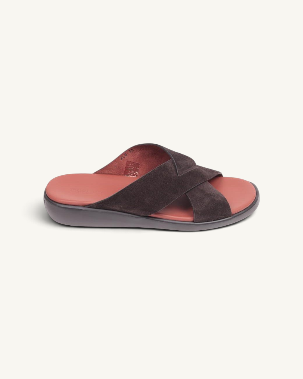 Prestige PSV-XL8 Velour Ebano dark brown suede crisscross strap slide sandal with a red footbed