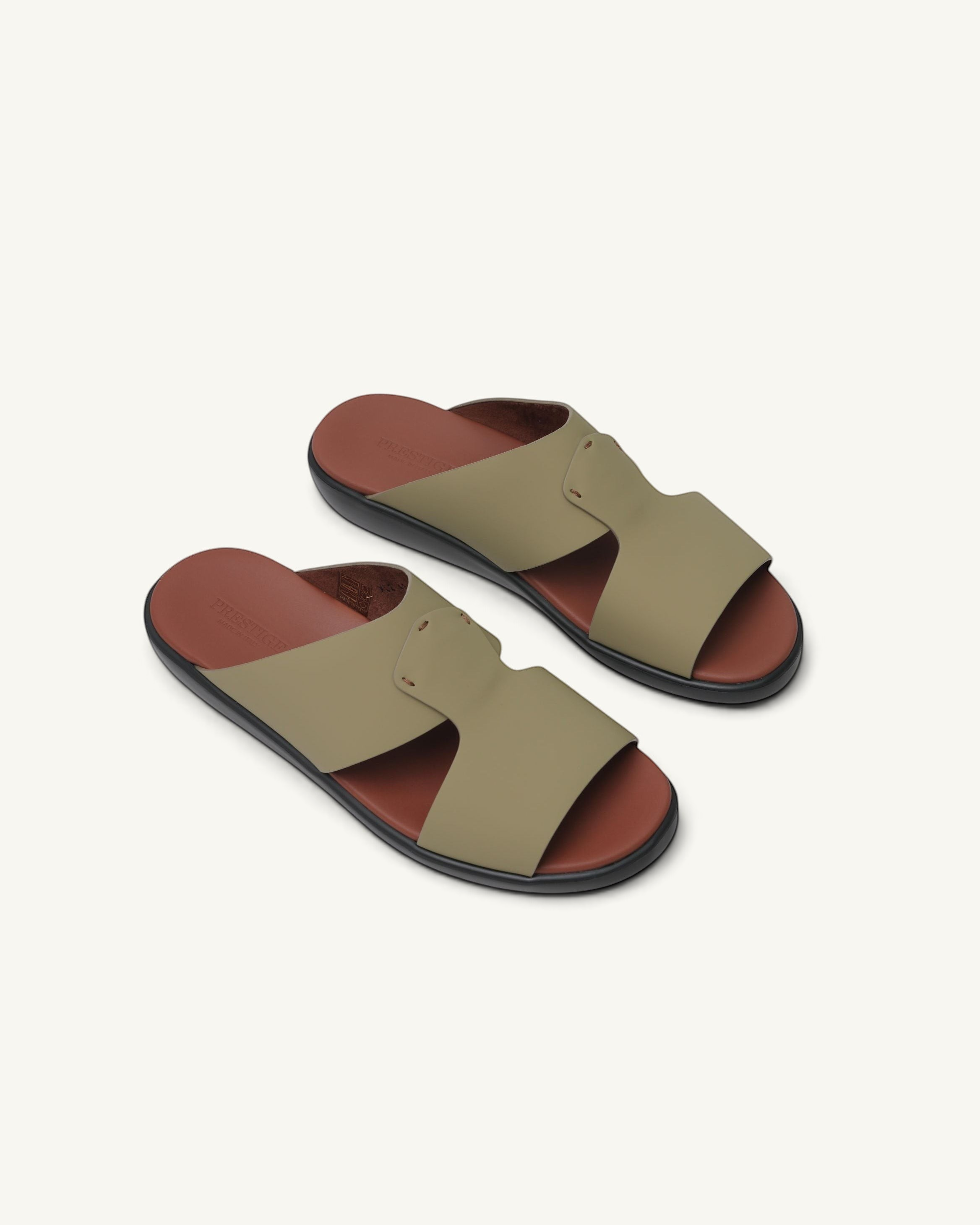 Prestige men's extra light sandals in seppia olive green leather with a brown footbed and black sole.