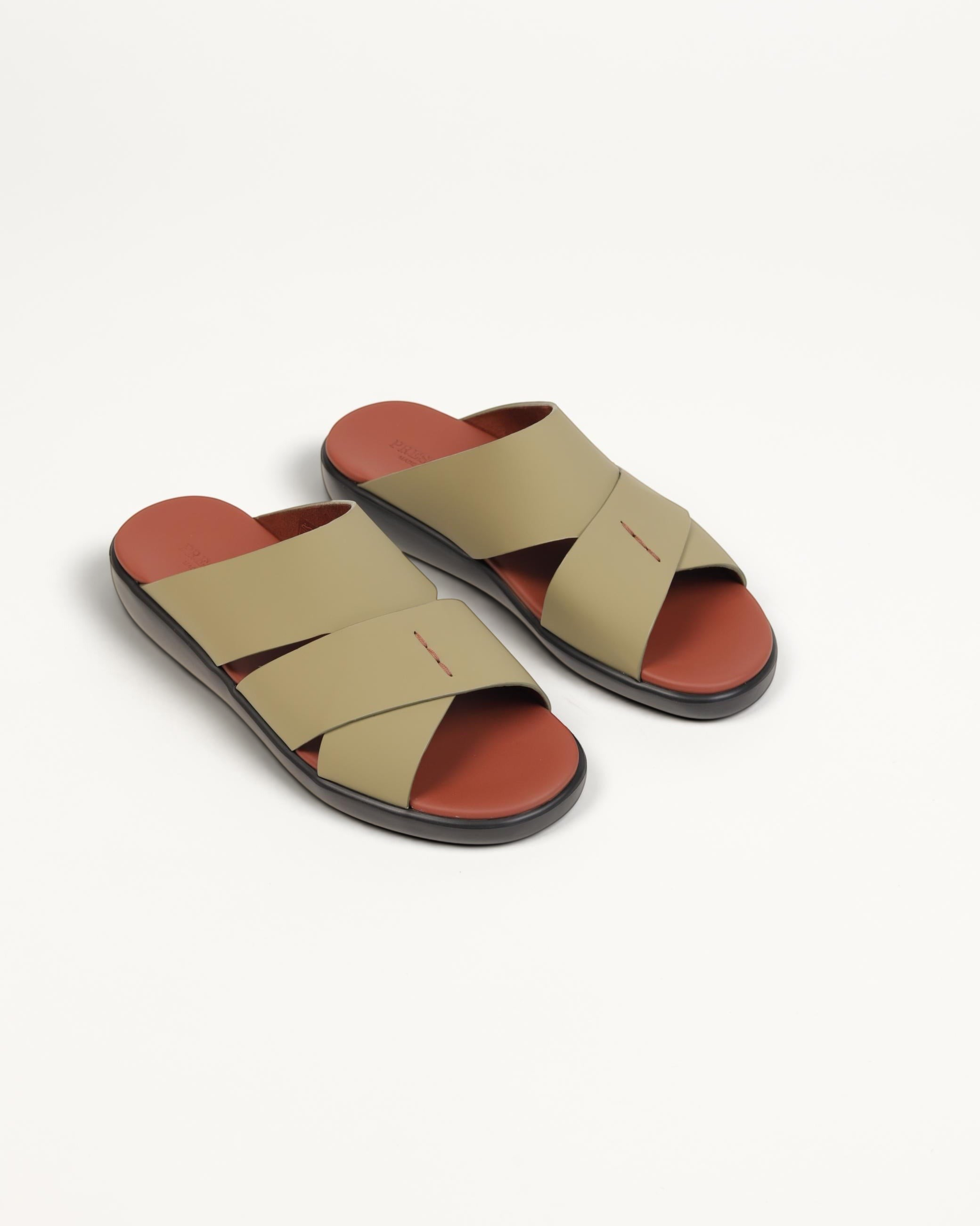 Prestige men's extra light sandals in seppia olive green with a terracotta red footbed and black sole.