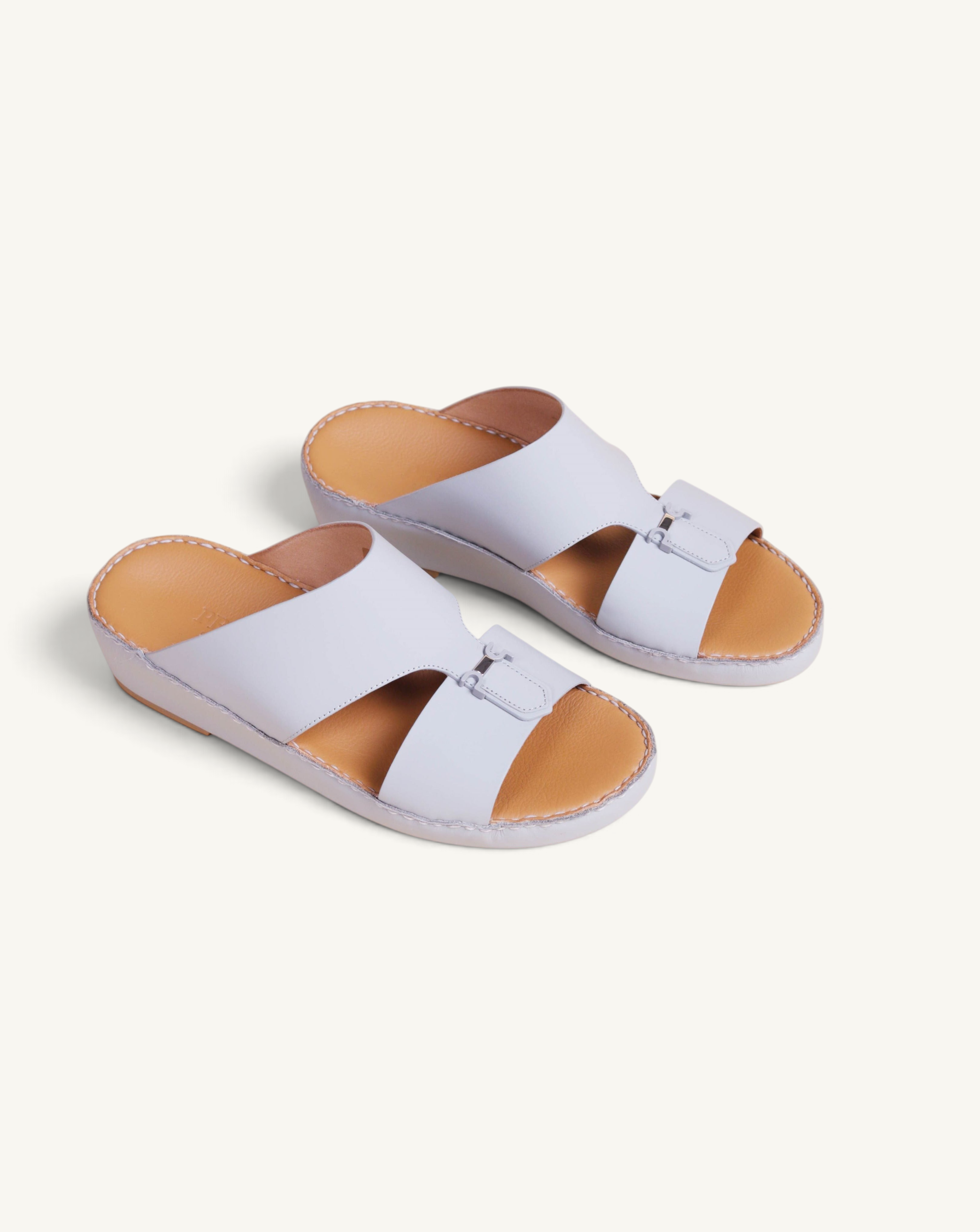 Prestige Signature Matt Perla men's classic sandals in light grey leather with tan insoles and buckle detail