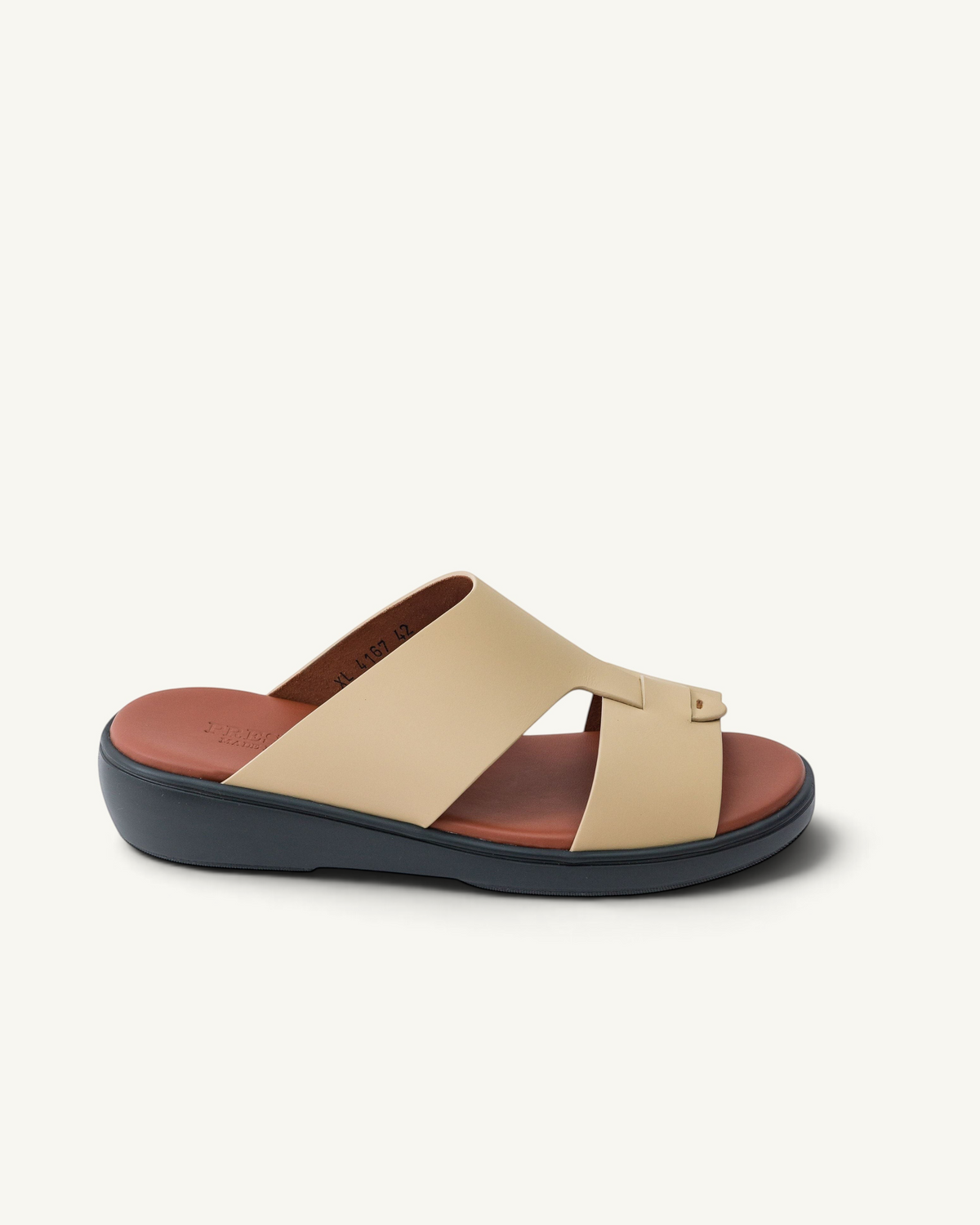 Prestige XL Classic sandals in taupe gommato leather with a comfortable brown footbed and dark grey sole.