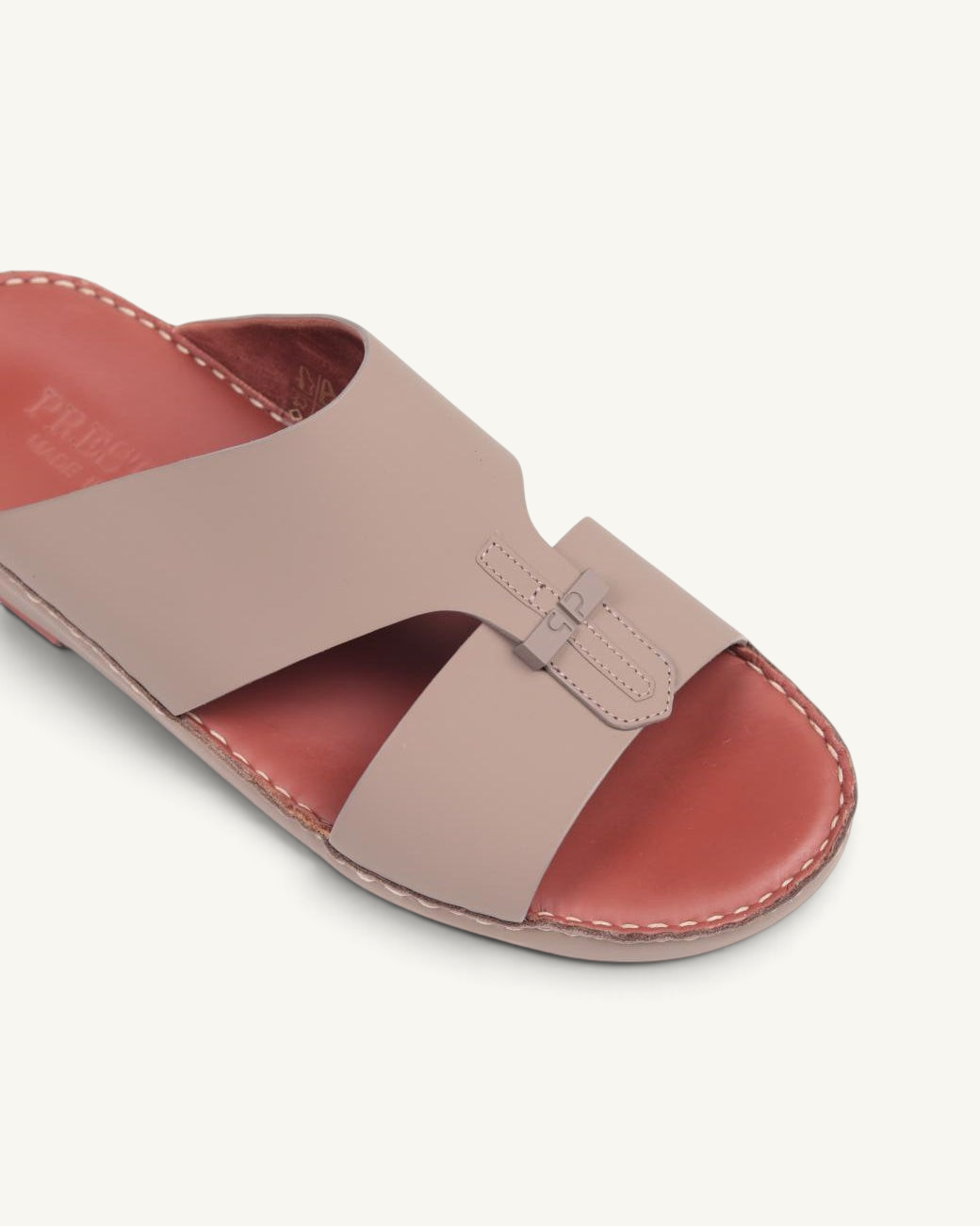 Prestige P3363 VOGUE LUX MATT taupe leather slide sandals with a cutout strap design and red cushioned footbed.