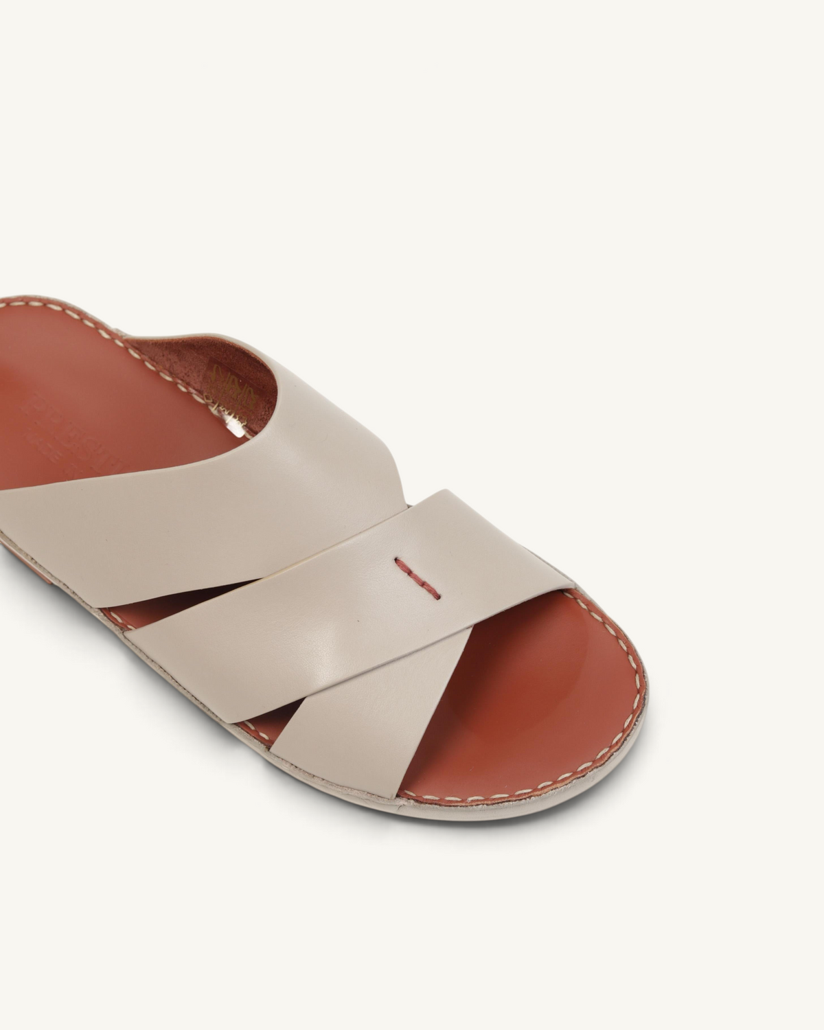 Prestige P3437 PALM LUX taupe napa calf leather slide sandals with a crisscross strap design and tan footbed