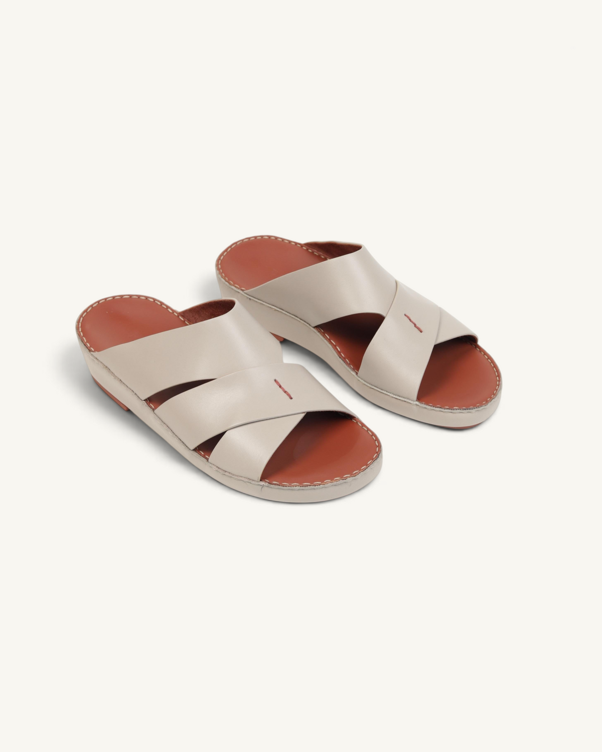Prestige P3437 PALM LUX taupe napa calf leather slide sandals with a cross-strap design and contrast brown footbed.