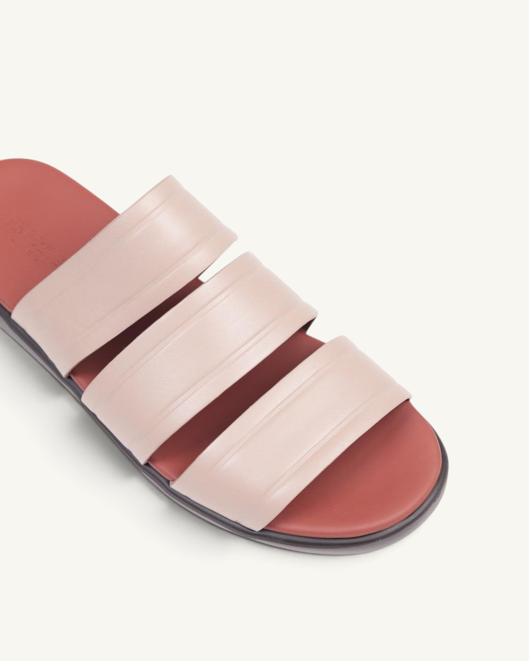 Prestige taupe soft nappa calf leather slide sandals with three wide straps and a contrasting dark red footbed