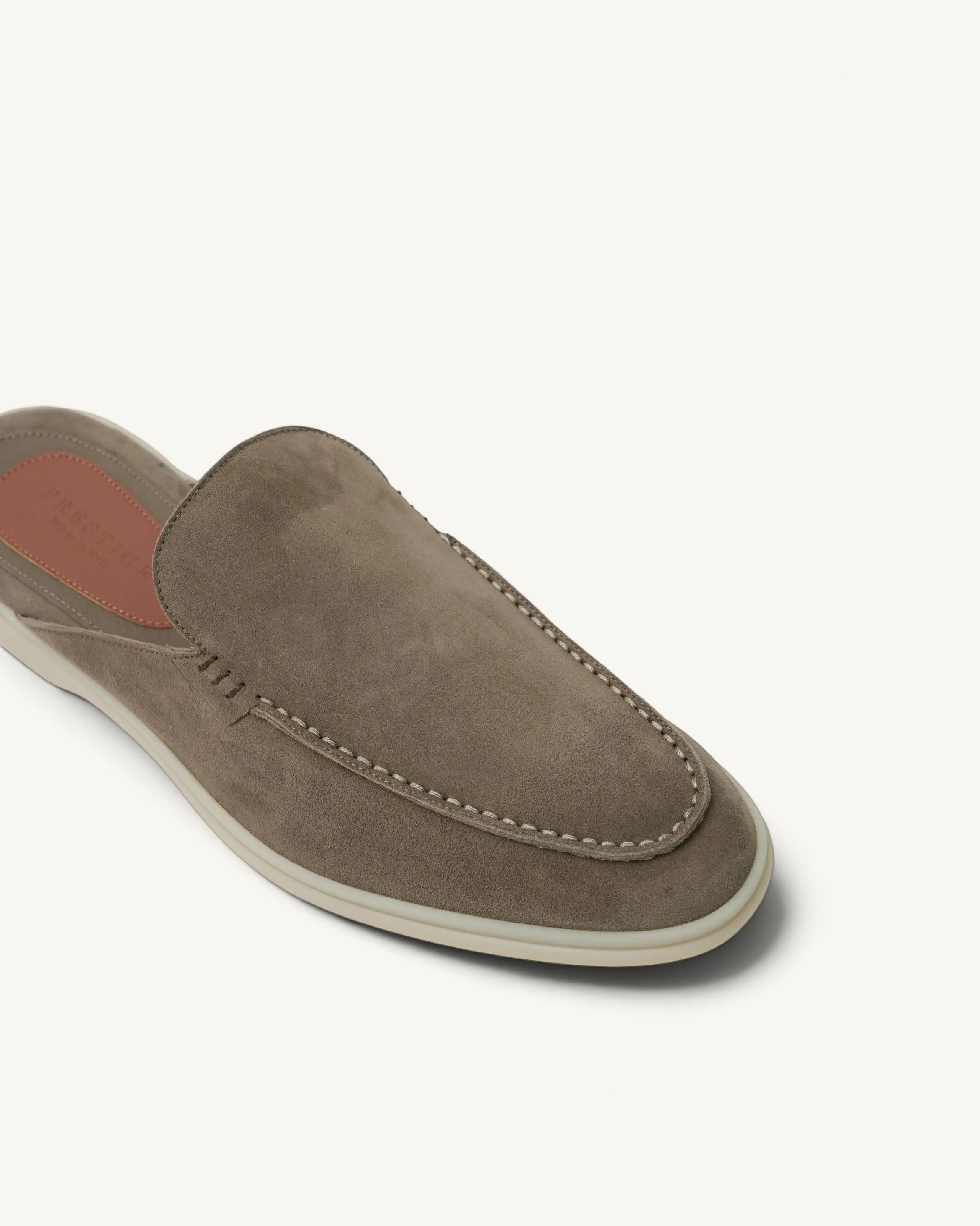 Prestige PSM93S taupe suede babouche slip-on loafers with contrast stitching and a flat white sole