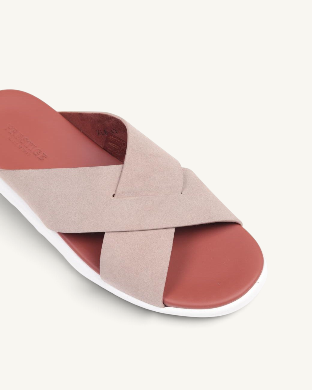 Prestige PSV-XL8 Velour SPORT line Sasso slide sandals featuring taupe suede crisscross straps and a terracotta footbed