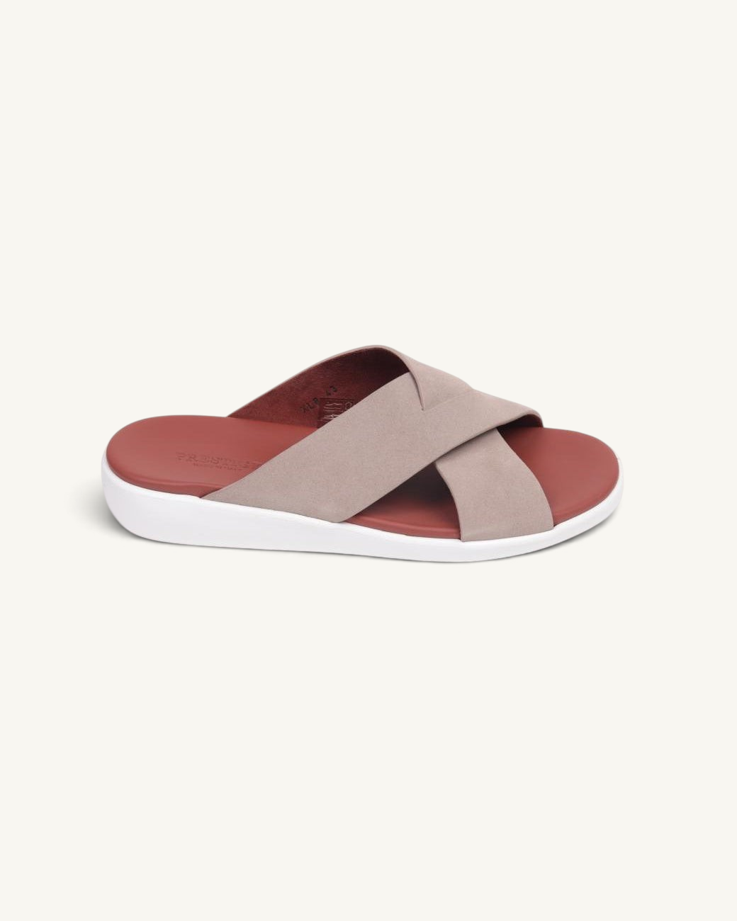 Prestige PSV-XL8 Velour SPORT line Sasso slide sandals featuring taupe crossover straps and a red footbed