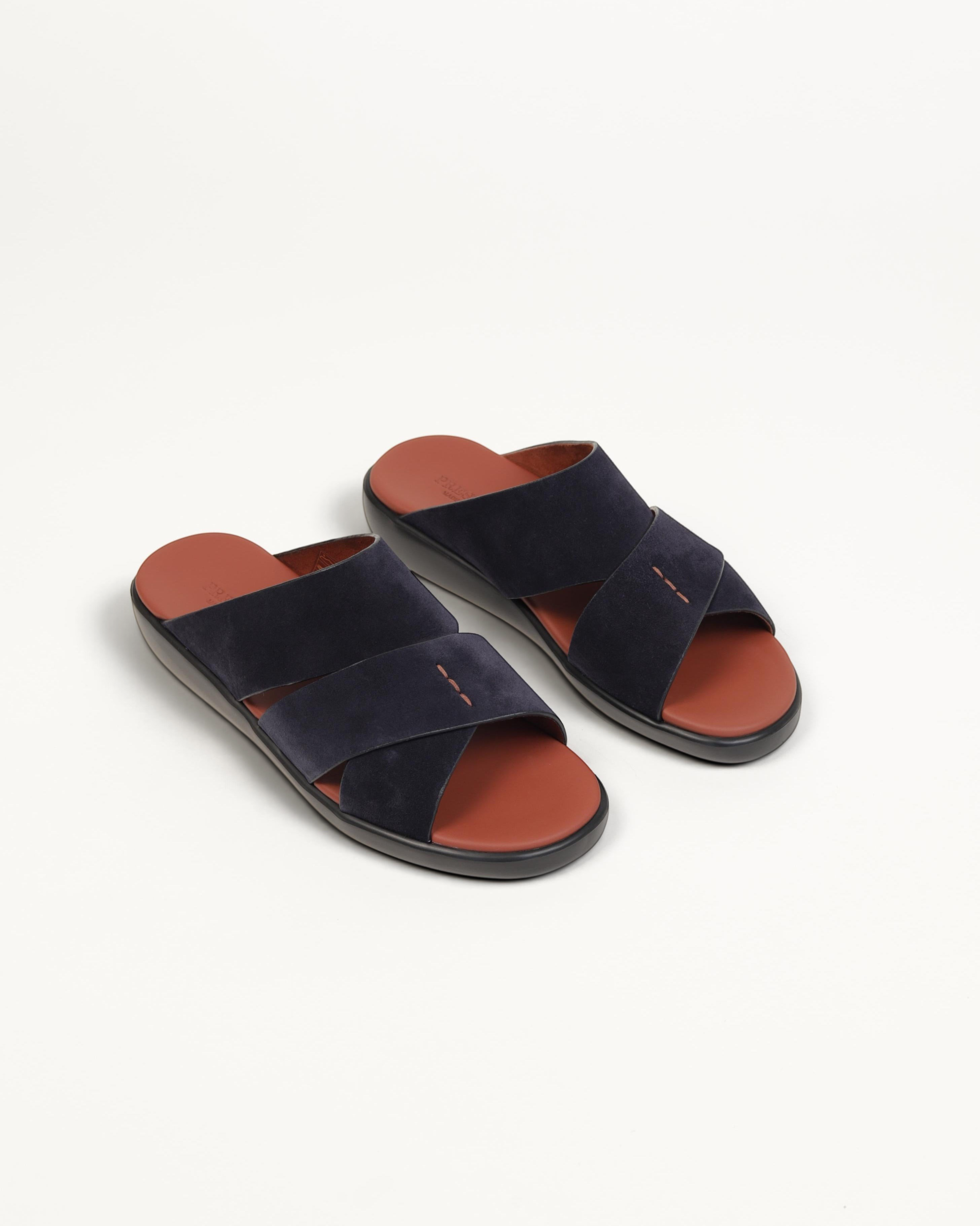 Prestige PVNL-XL3 velour abisso slide sandals featuring dark blue suede crisscross straps and a brown leather footbed.