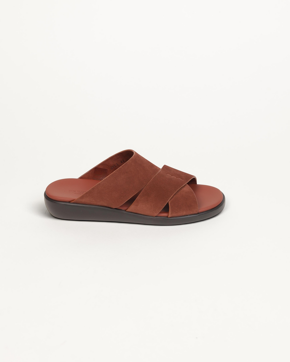 Prestige PVNL-XL3 velour slide sandals in castagna brown with a comfortable footbed and crisscross suede straps