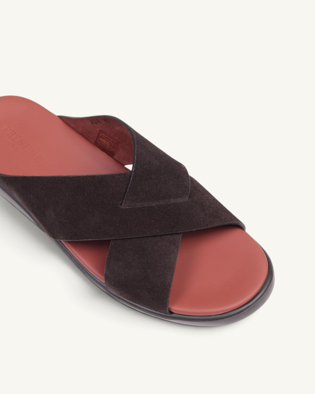 Prestige PSV-XL8 Velour Ebano slide sandal featuring dark brown suede crisscross straps and a deep red footbed.