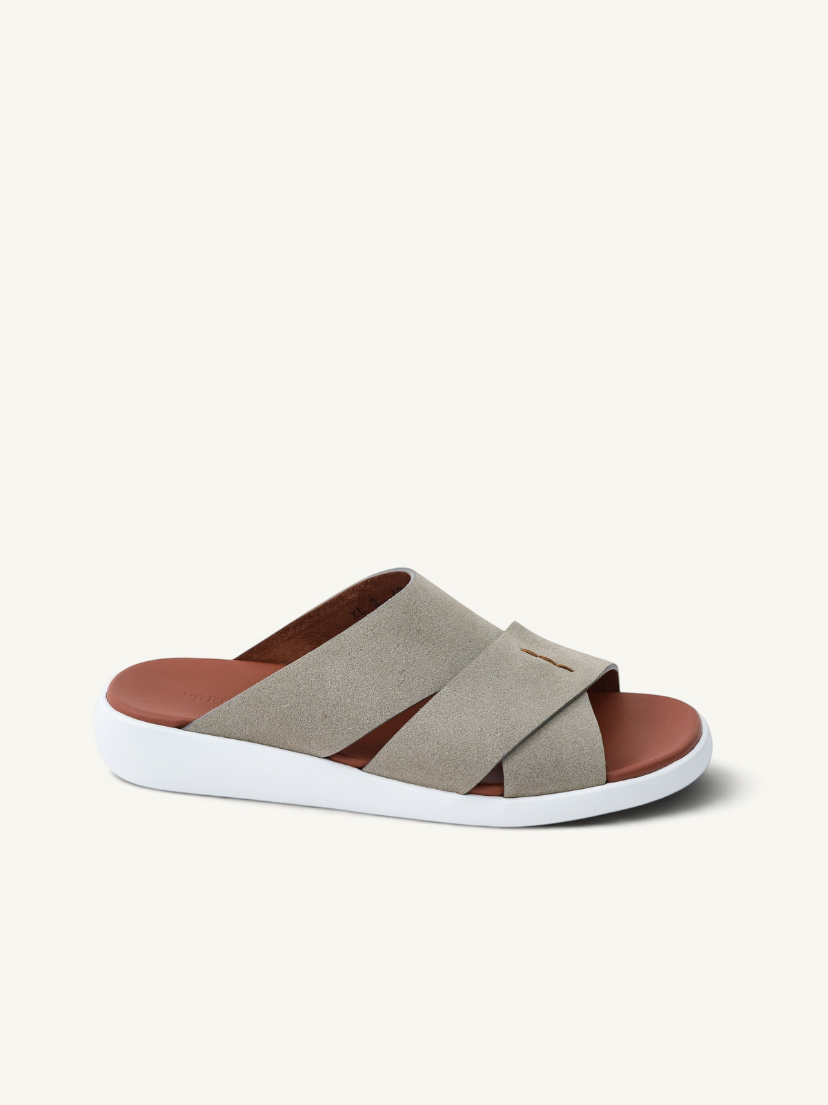 Prestige PVNL-XL3 velour sasso slide sandal with crisscross taupe straps, brown footbed, and white platform sole.