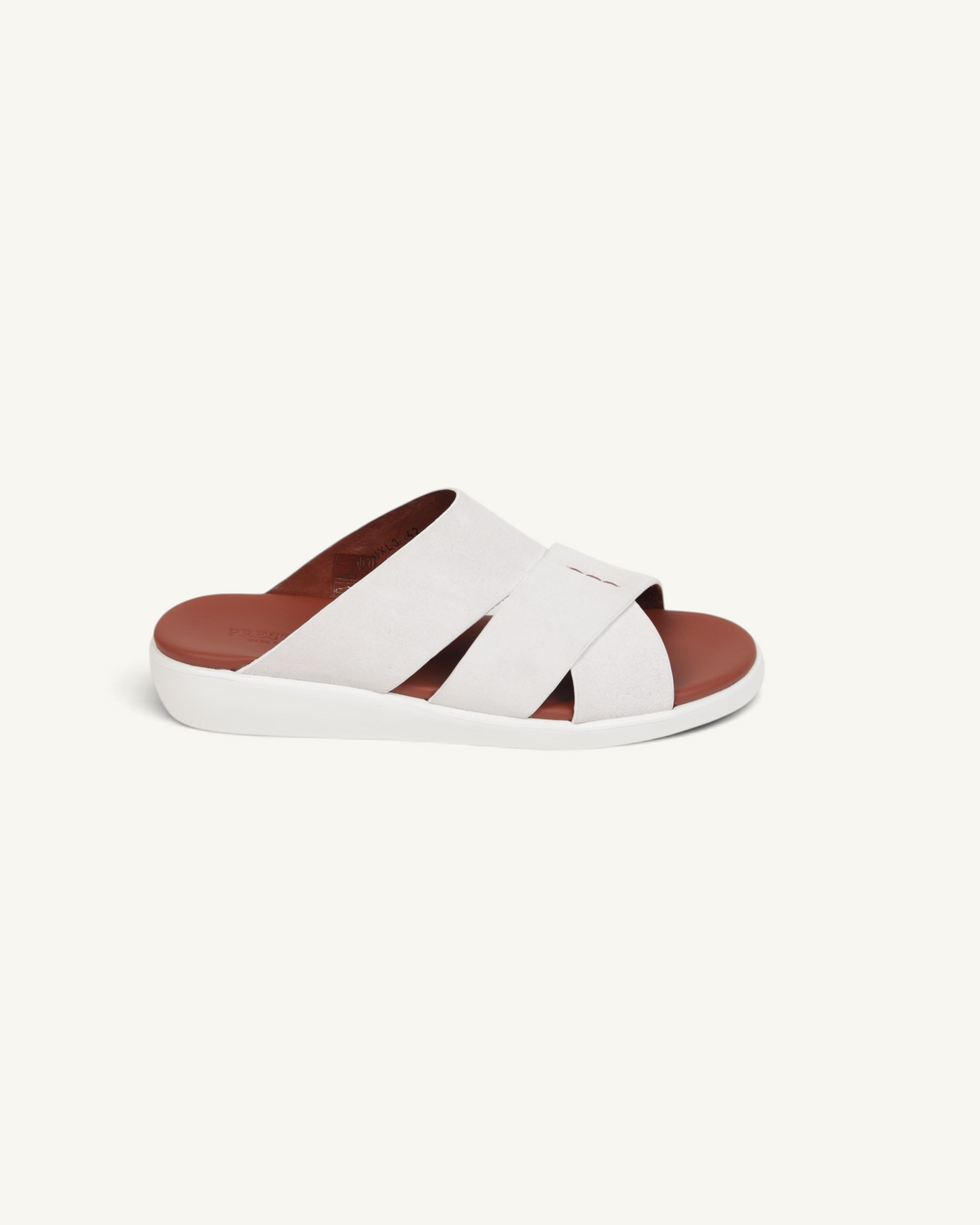 Prestige PVNL-XL3 Velour Sport Line Neve slide sandal in light grey suede with a brown footbed and white sole.