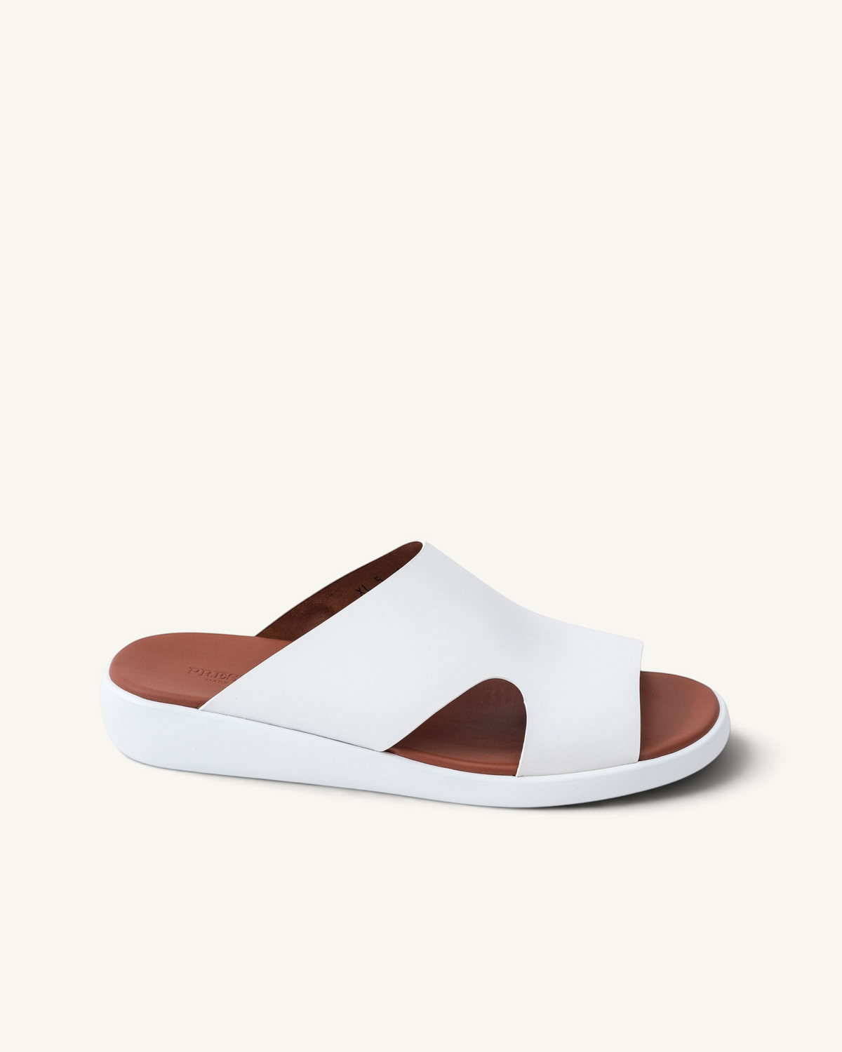 Prestige Lord Gommato white extra light men's slide sandals with a brown footbed and thick white sole