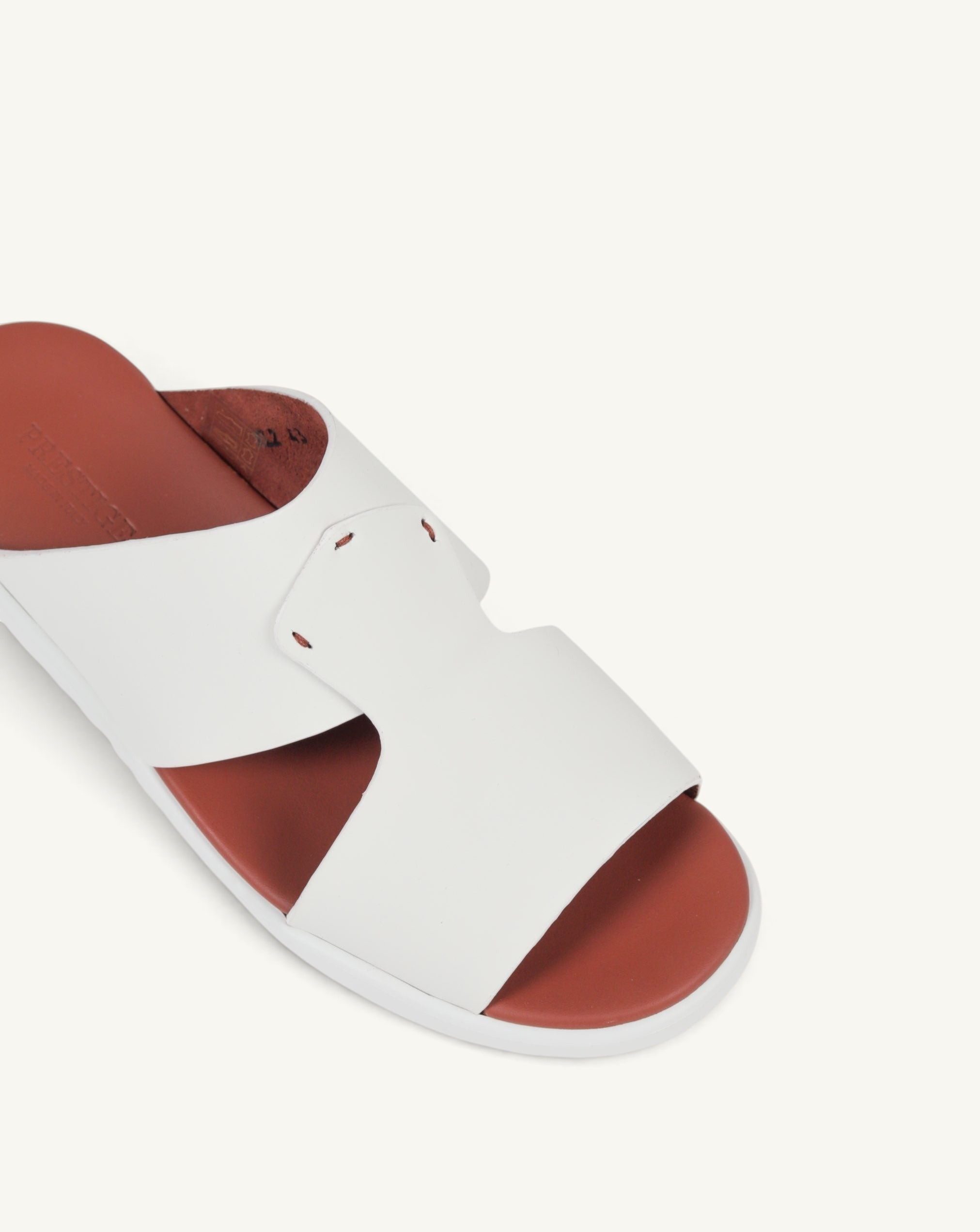 Prestige PG-XL2 slide sandals in white gommato leather with a contrasting terracotta footbed