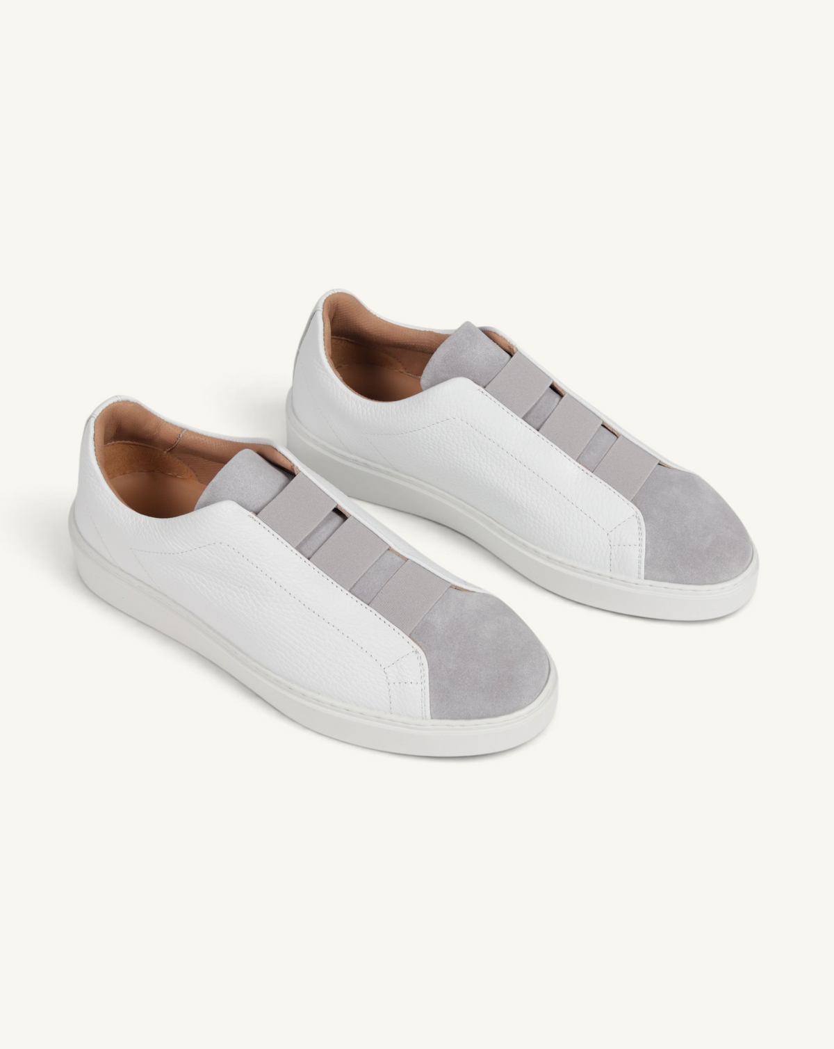 Prestige slip-on sneakers in white grained leather and grey velour suede with triple stitch detailing