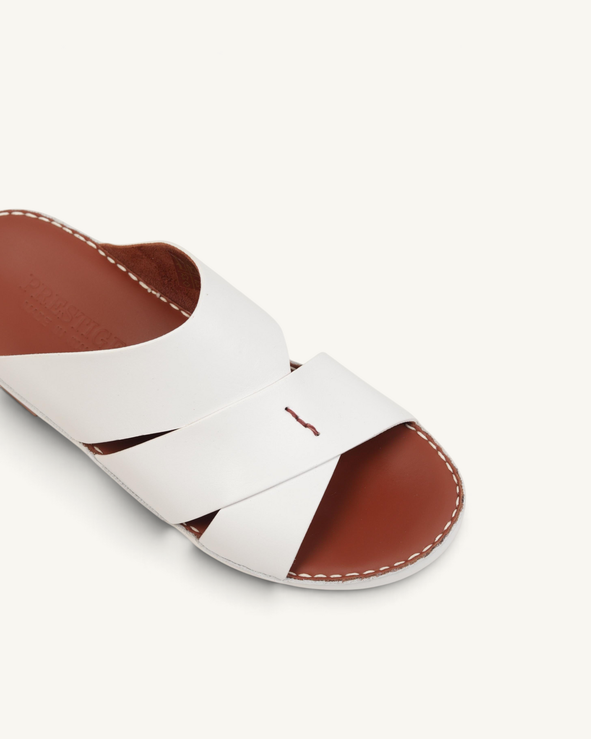 Prestige P3437 PALM LUX white napa calf leather slide sandals with a brown footbed and contrast stitching