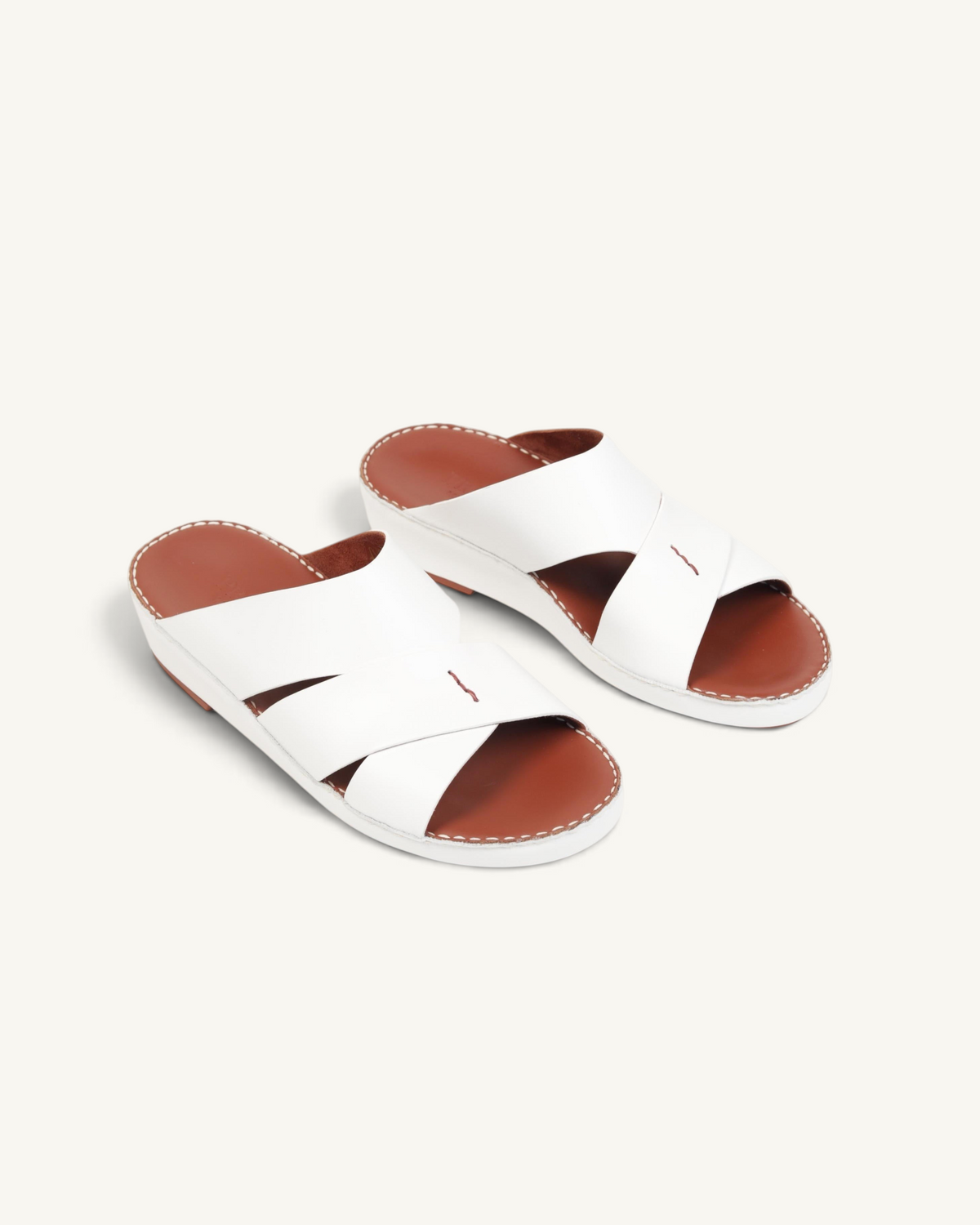 Prestige P3437 PALM LUX white napa calf leather slide sandals with a brown footbed and cross-strap design.