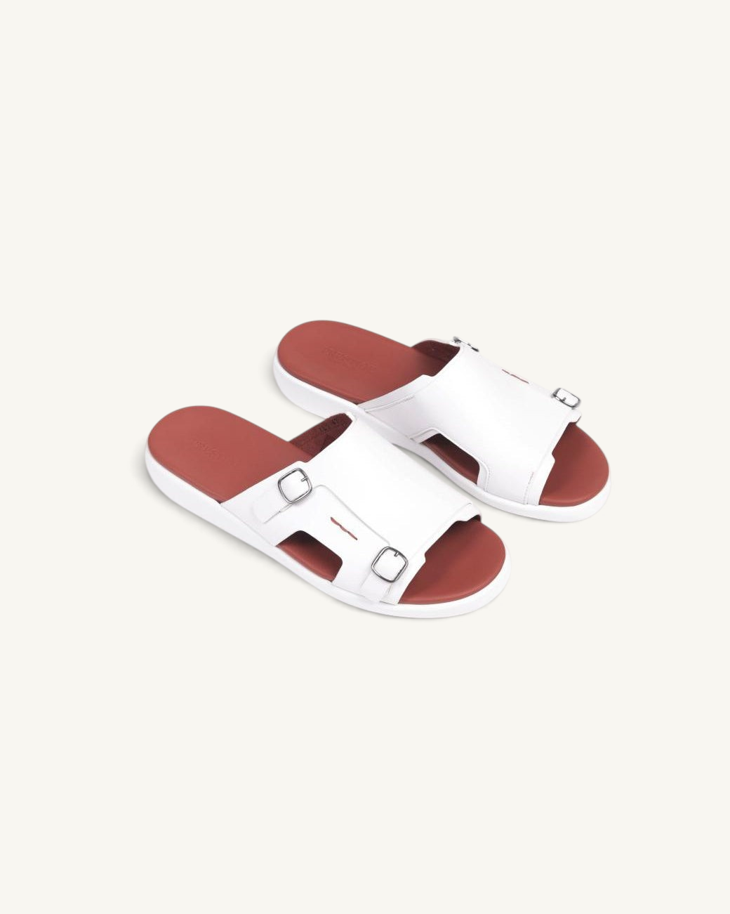 Prestige PSNC-XL9 white soft nappa calf leather slide sandals with dual silver buckles and a contrasting red footbed.