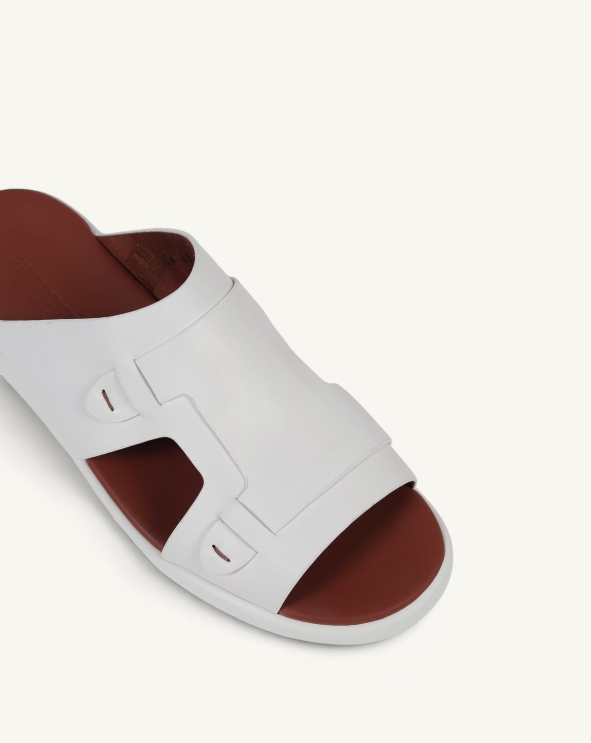 Prestige white soft nappa calf leather slide sandal with a contrasting dark brown footbed