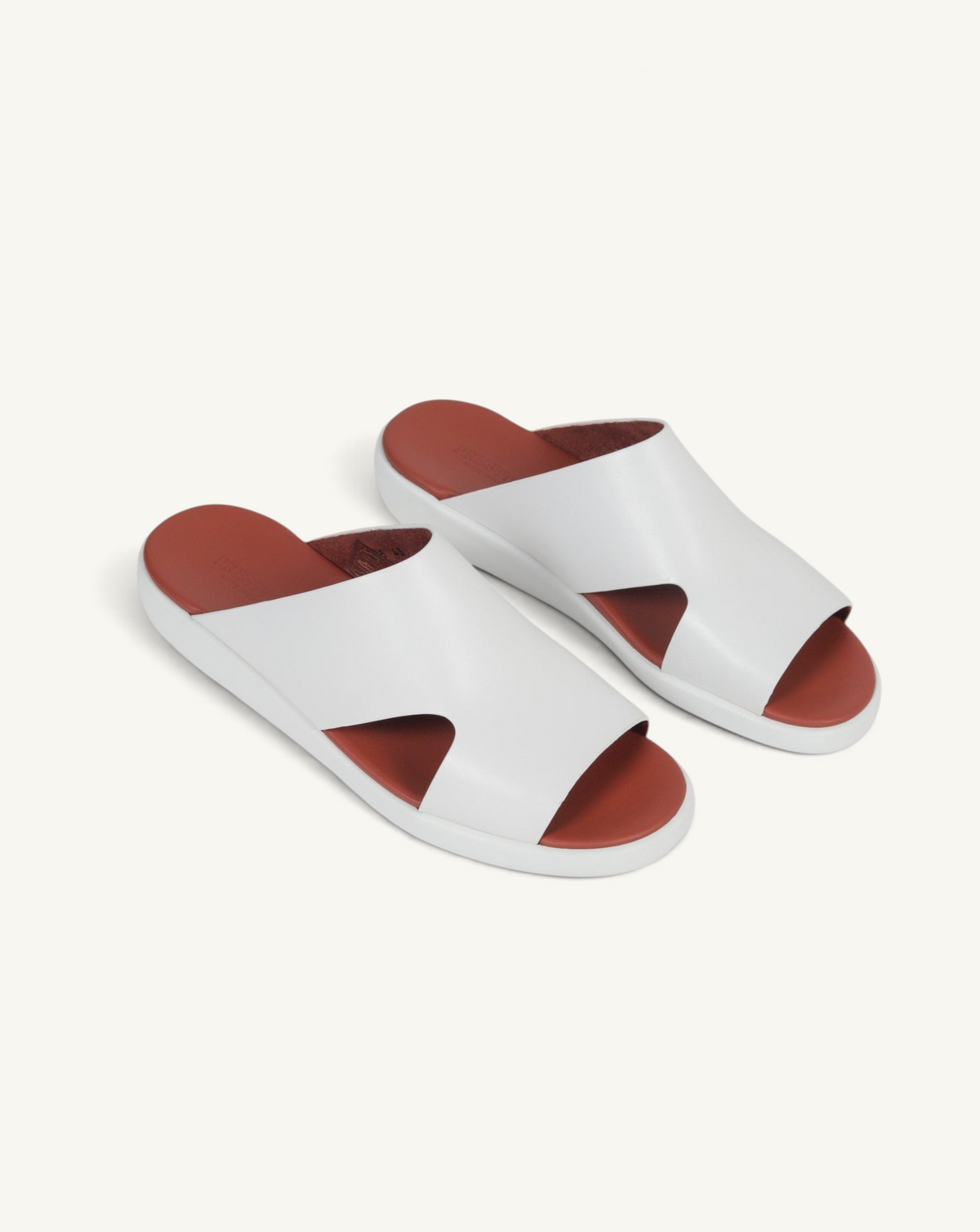 Prestige PSNC-XL5 slide sandals in white soft nappa calf leather with a contrasting terracotta brown footbed