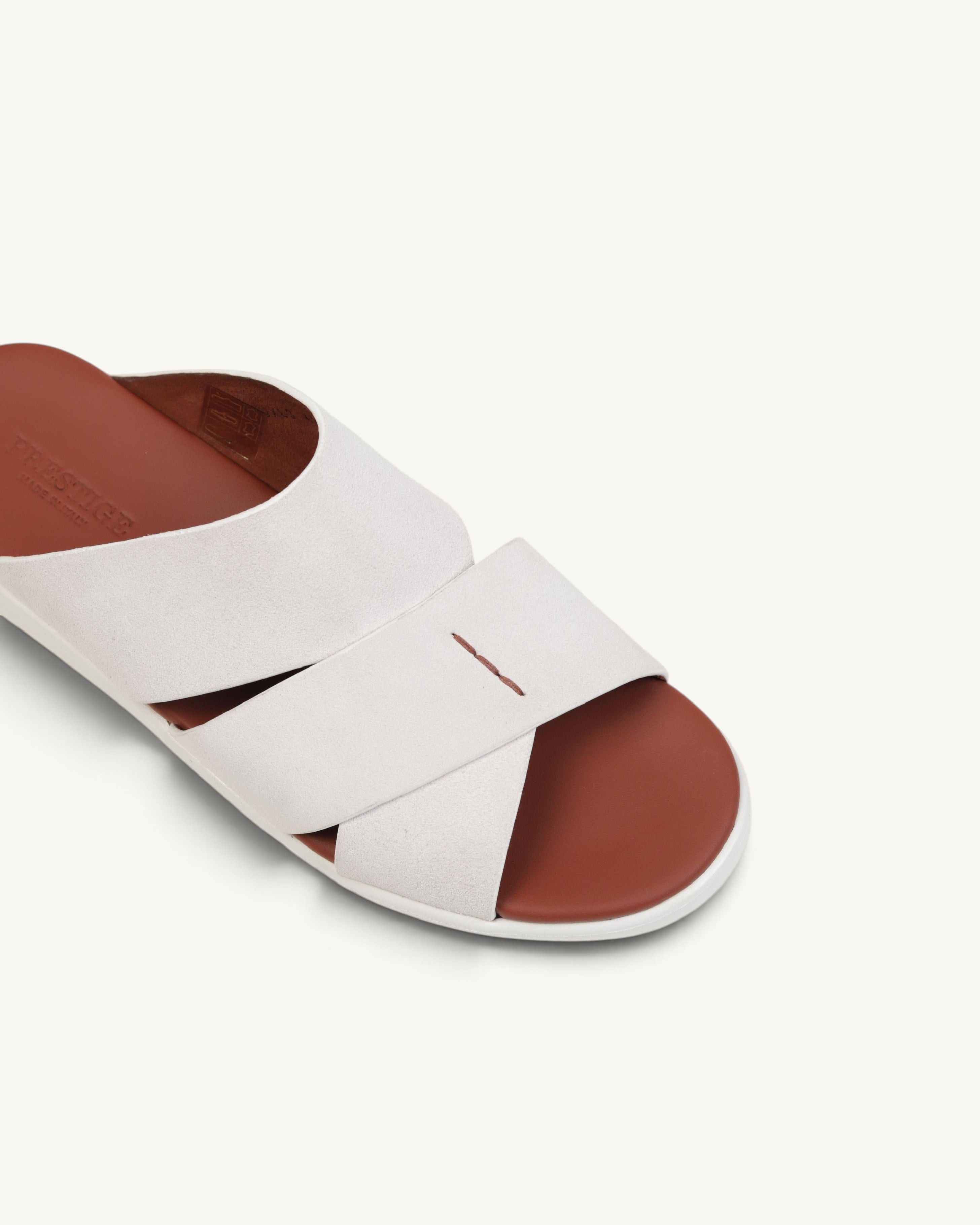 Prestige PVNL-XL3 Velour Sport Line Neve slide sandals featuring white suede crisscross straps and brown footbed