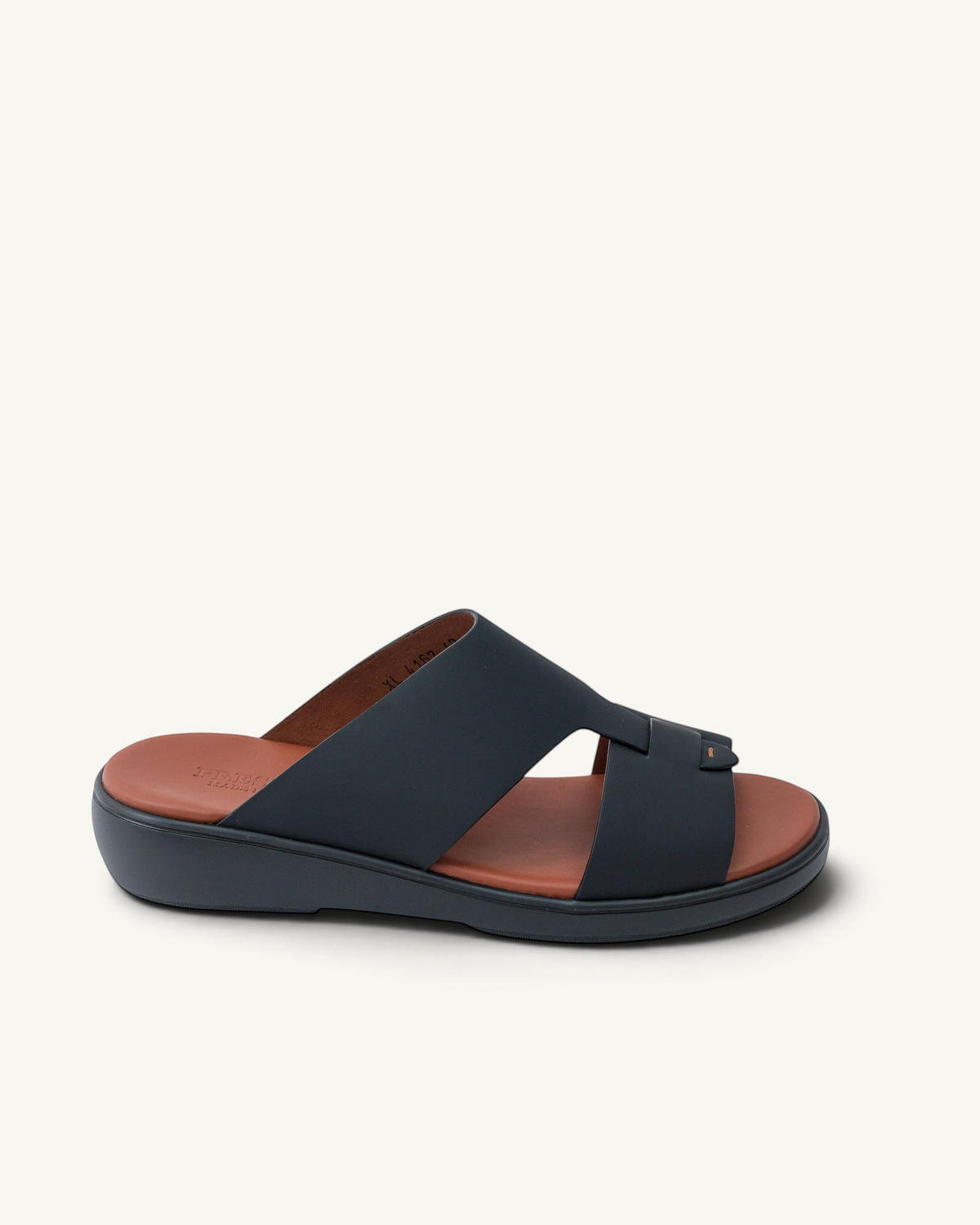Prestige XL Classic sandals in black gommato leather with a comfortable brown footbed and slip-on design.
