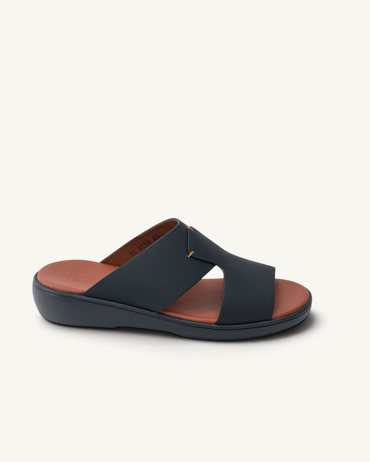 Prestige XL Classic Lord Gommato sandals in black with a comfortable brown footbed, side view.