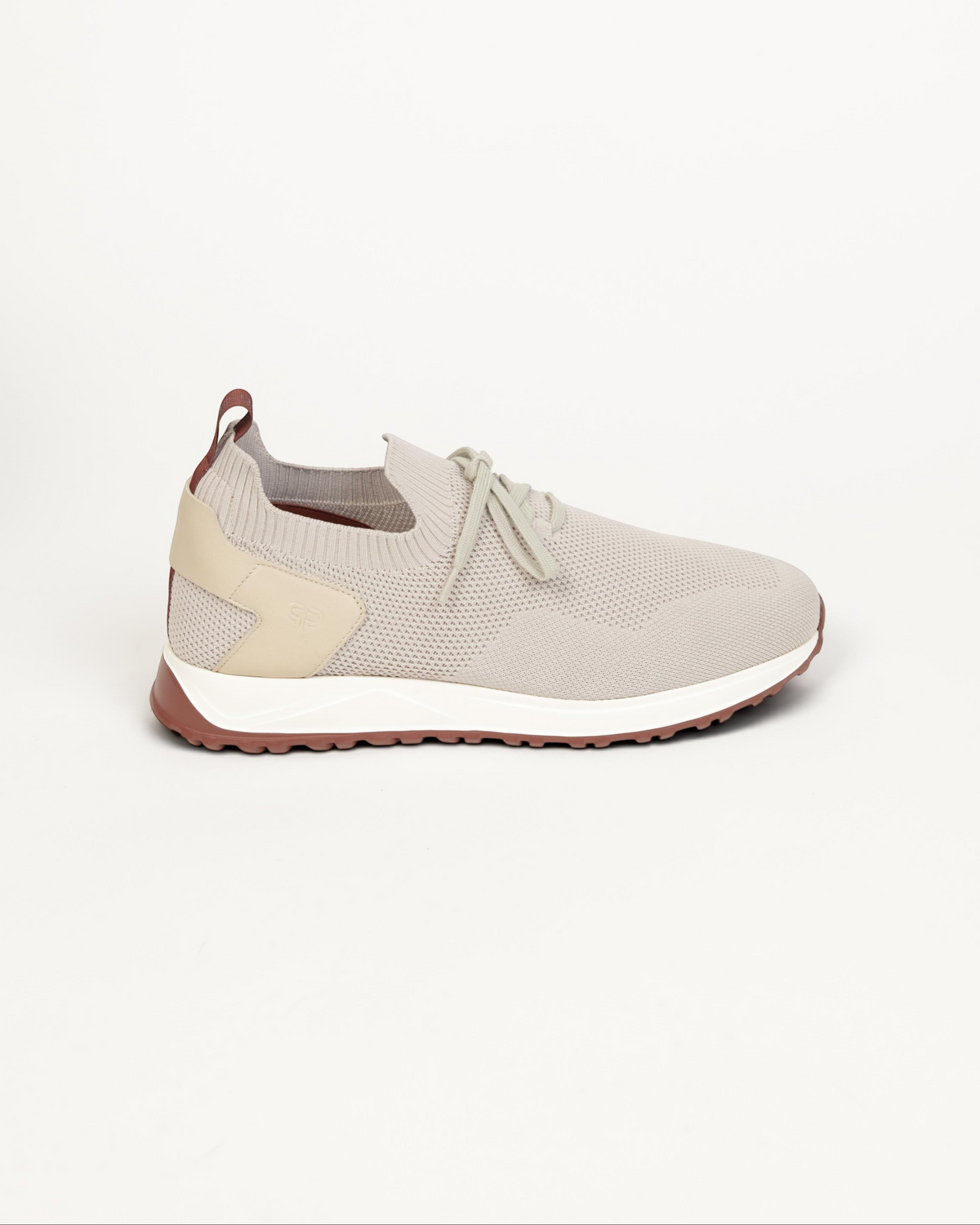 Prestige XLR Fame Walk XL sneaker in warm grey knit fabric with beige heel detail and brown rubber sole