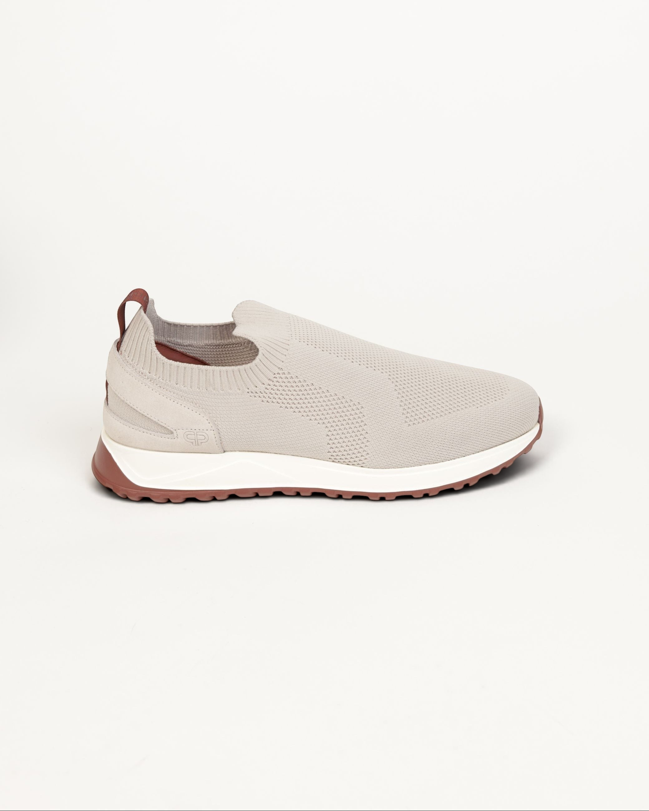 Prestige XLR Maverick Active XL slip-on sneaker in beige knit fabric with a white midsole and brown rubber outsole.