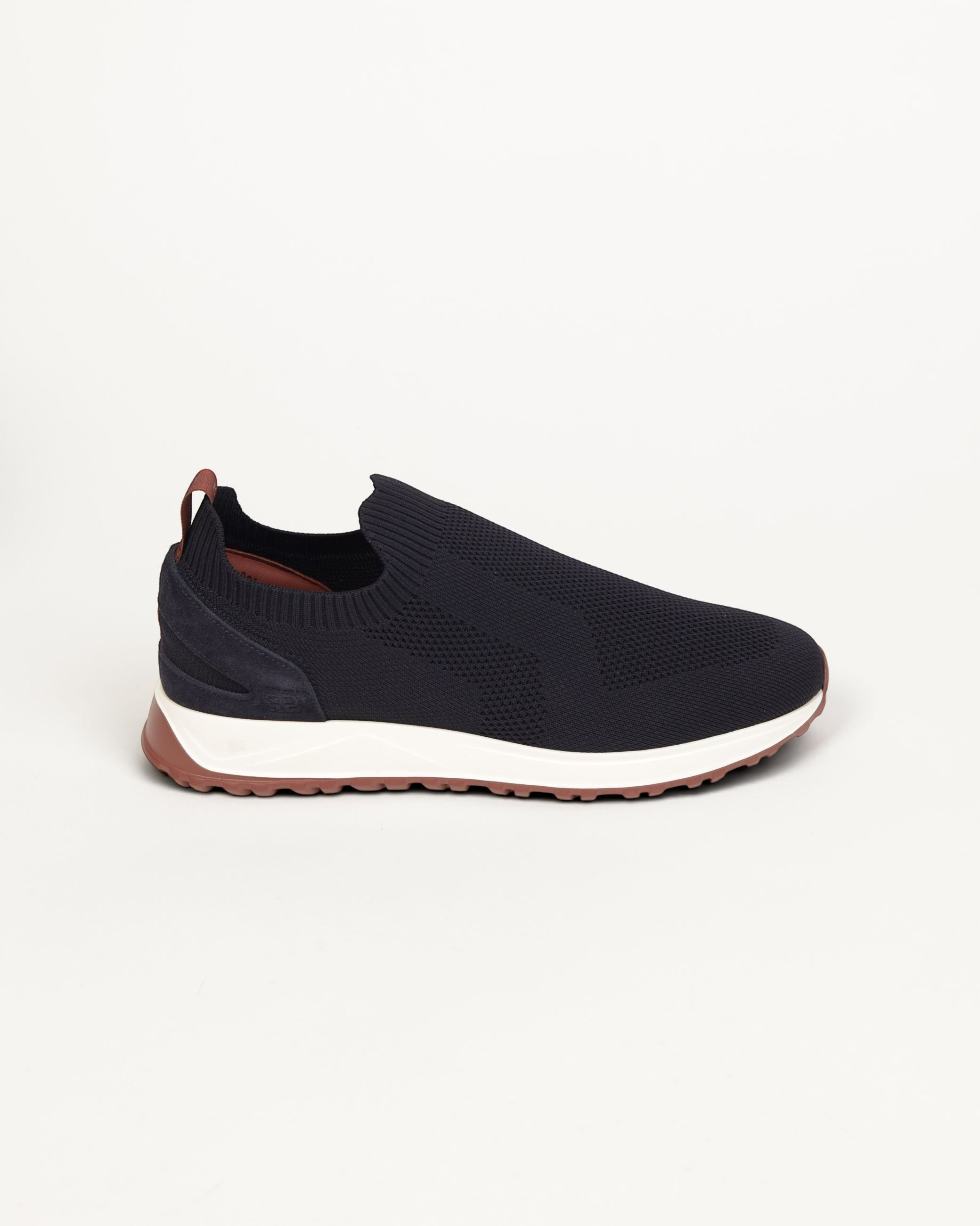 Prestige XLR Maverick active slip-on sneaker in black knit fabric with a white midsole and brown rubber outsole.