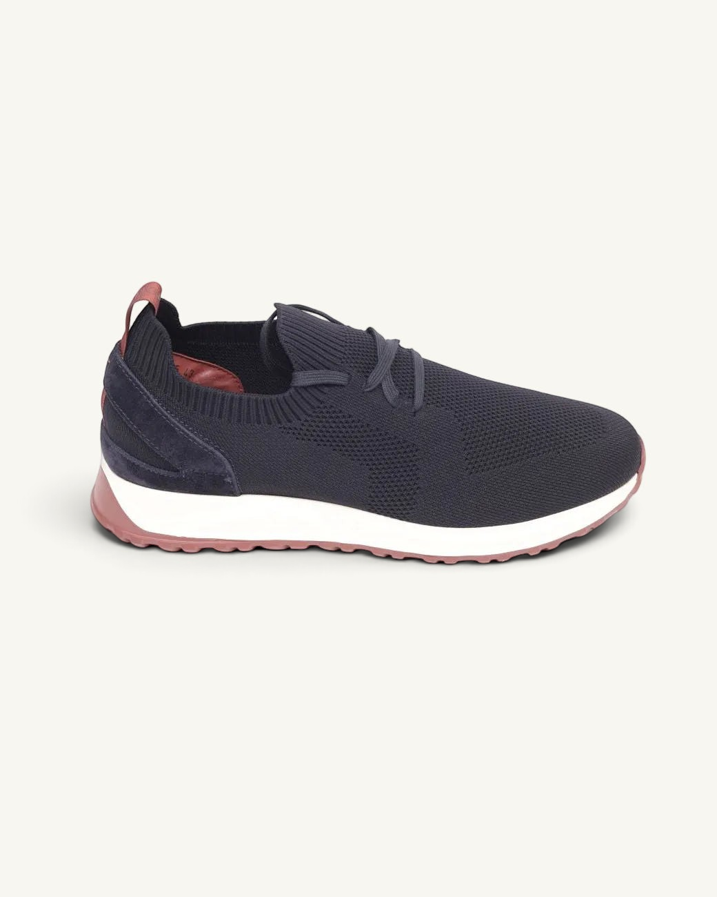 Prestige XLR Maverick Walk XL sneaker in navy blue knit fabric with suede accents and a contrasting pink sole