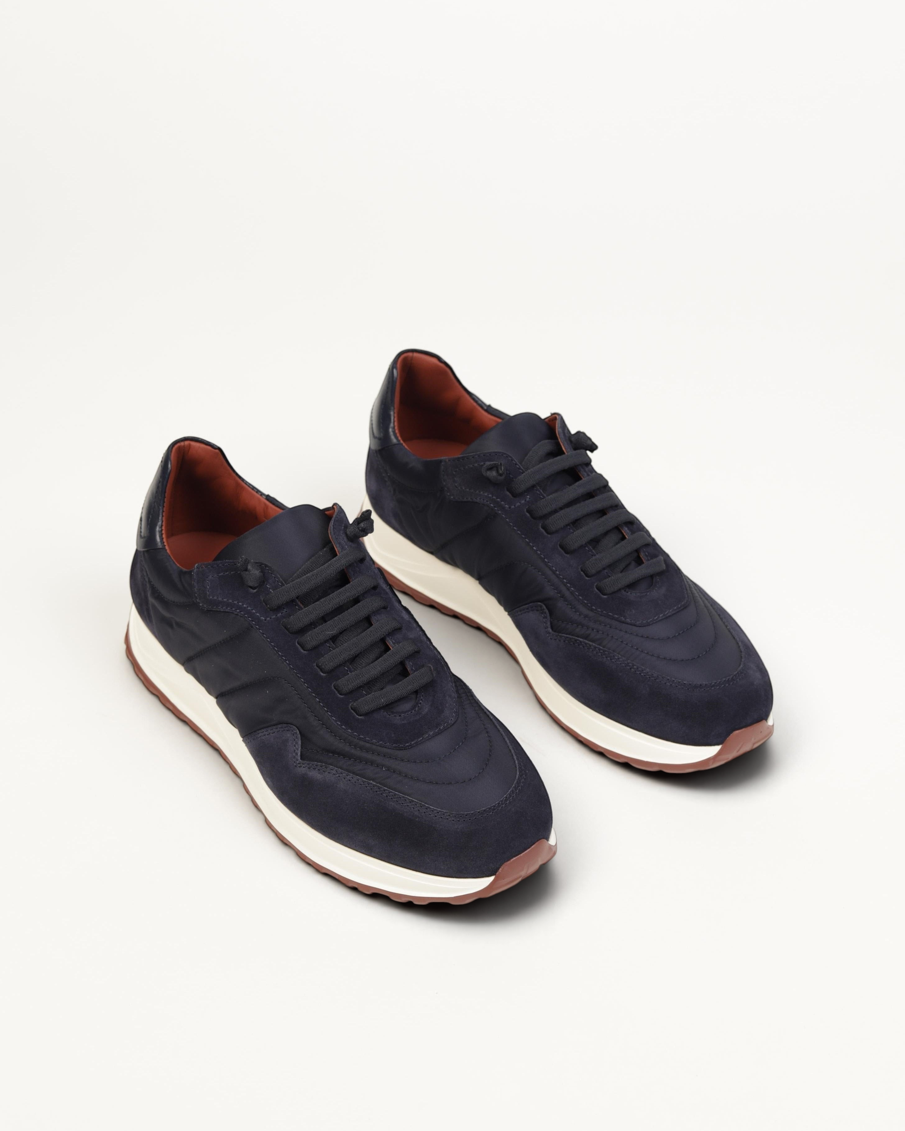 Prestige XLR Weekend Walk XL sneakers in luxury blue suede and nylon with a white midsole and brown rubber outsole.