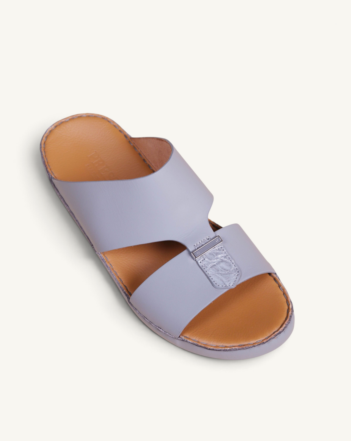 Prestige P3301 Le Mans zinc grey leather slide sandals with crocodile embossed detail and tan leather footbed