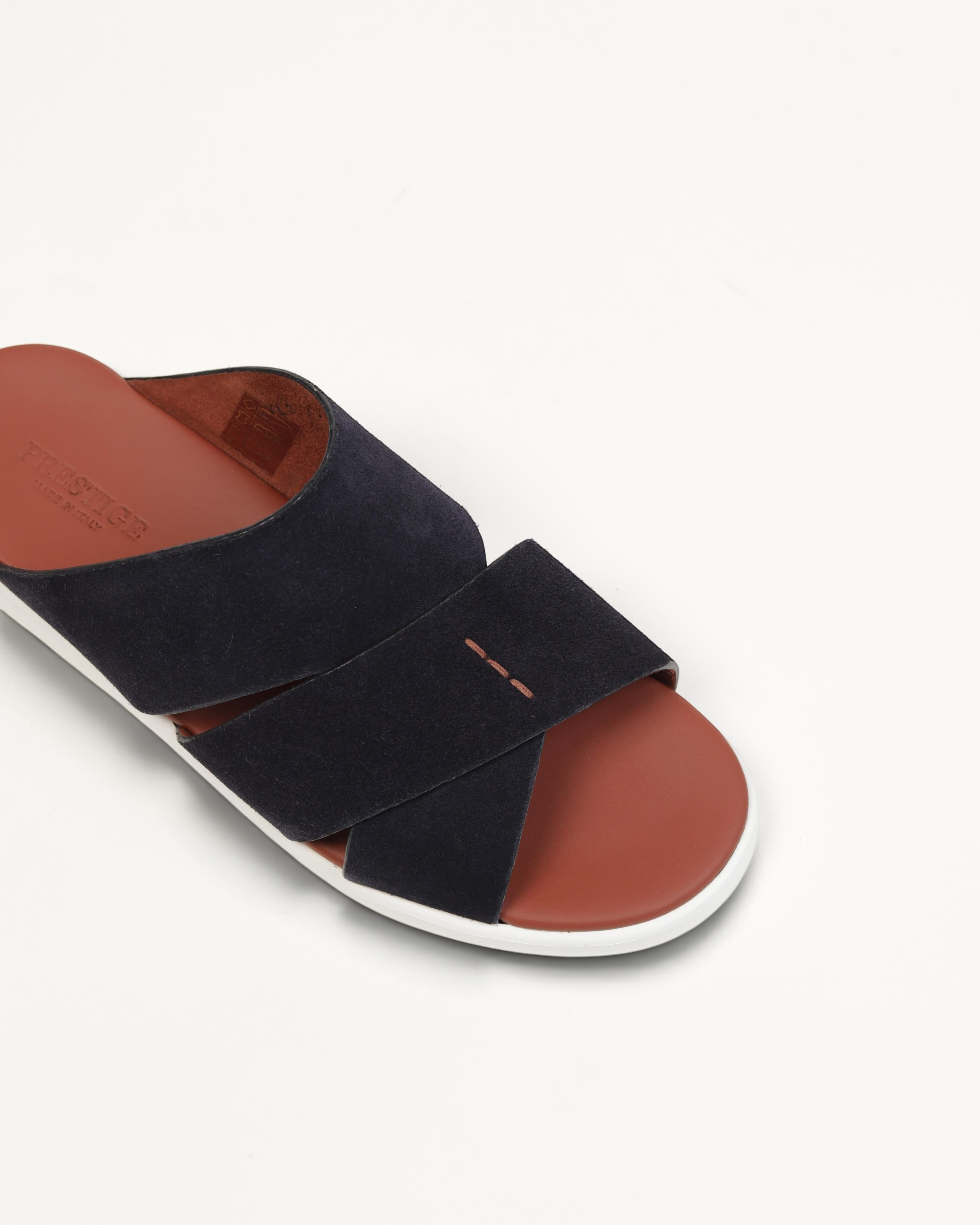 Prestige PVNL-XL3 velour sport slide in abisso navy blue suede with a brown leather footbed and white sole