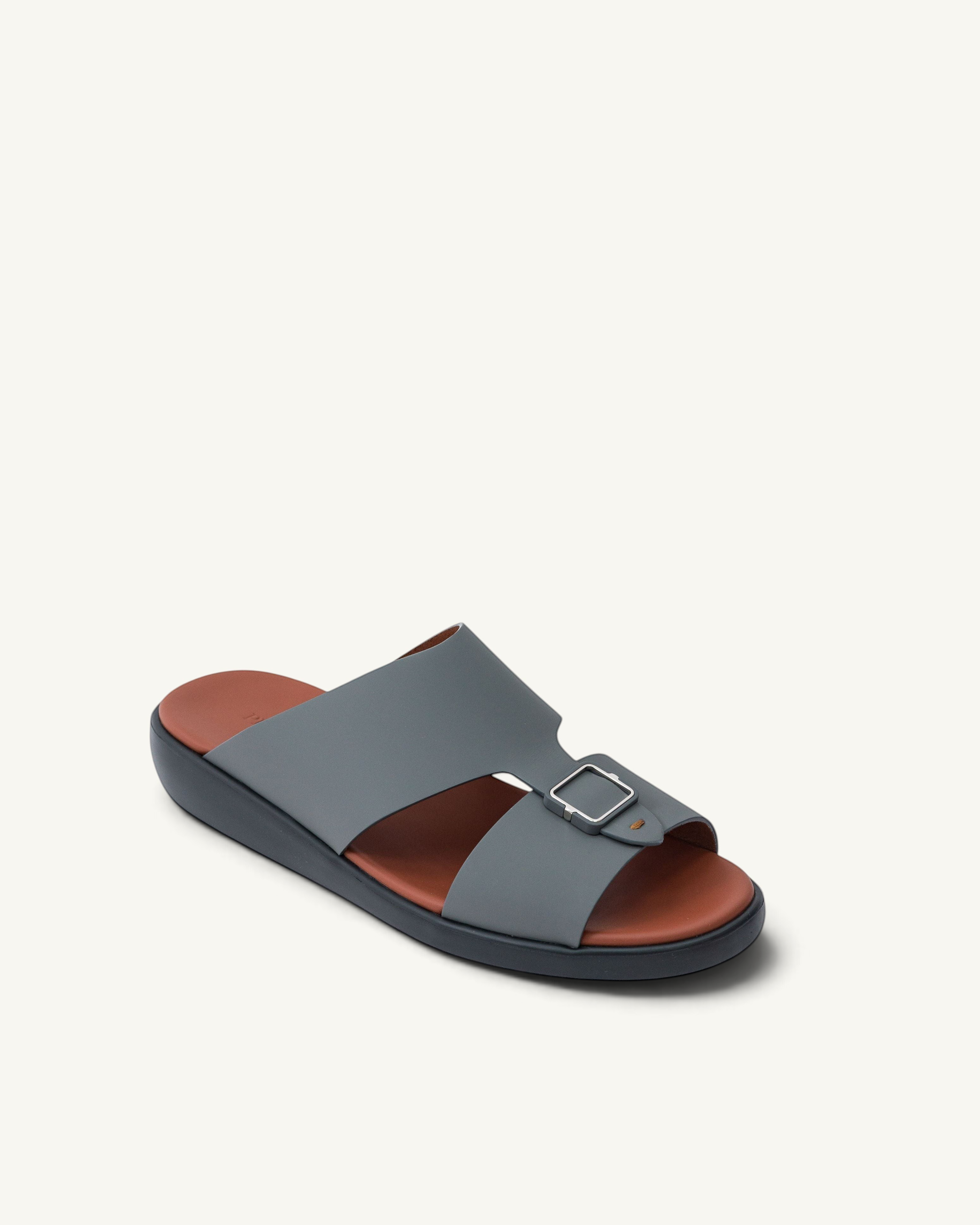 Prestige men's extra light anthracite grey sandals with a brown footbed and a silver buckle detail.