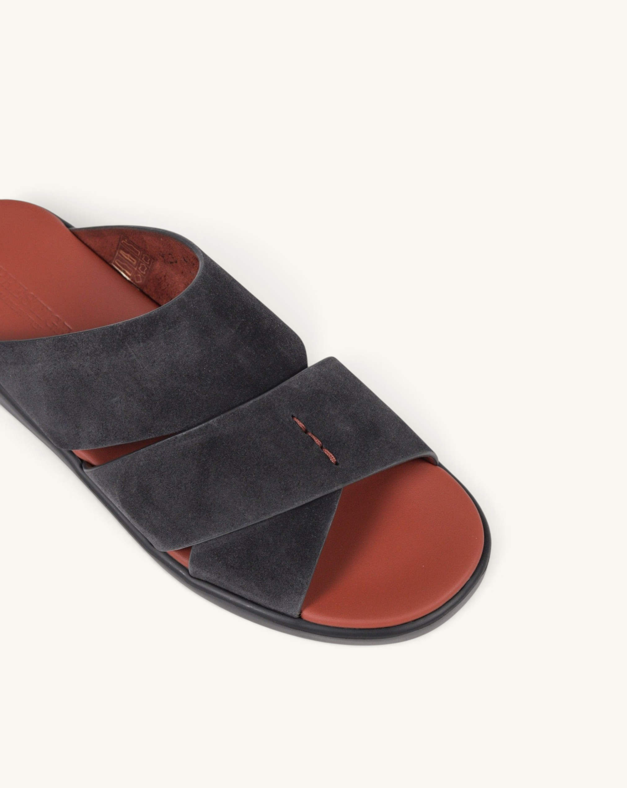 Prestige PVNL-XL3 velour anthracite slide sandals featuring charcoal grey suede crisscross straps and red footbed