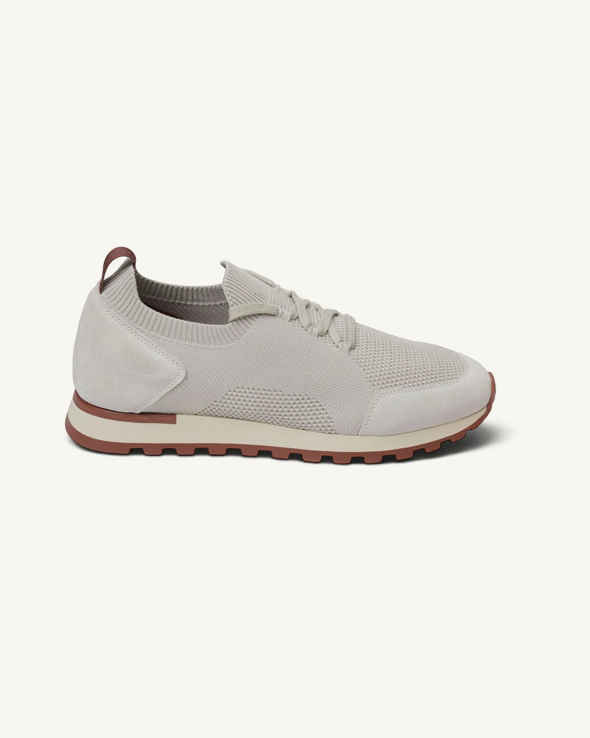 Prestige Flexy Lux beige knit sneakers with suede overlays and a contrasting brown rubber sole
