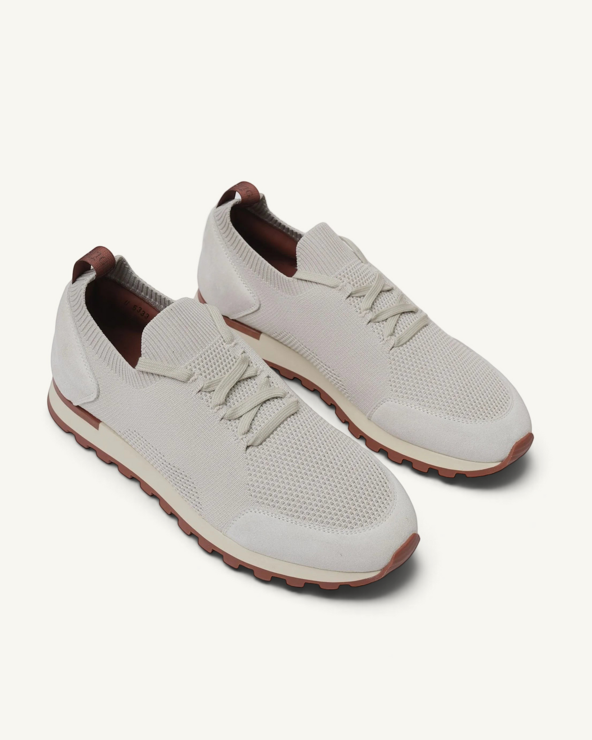Prestige Flexy Lux beige knit sneakers with suede overlays and a brown rubber lug sole for comfortable walking