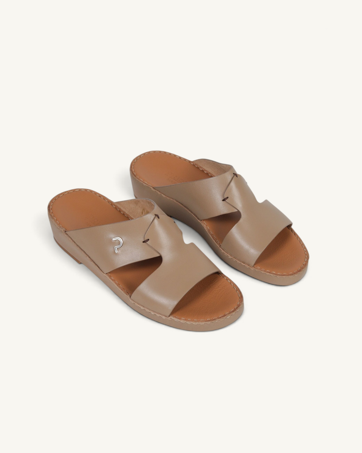 Prestige P3345 Phantom NC Sharon beige leather slide sandals with a cutout strap design and silver logo detail.