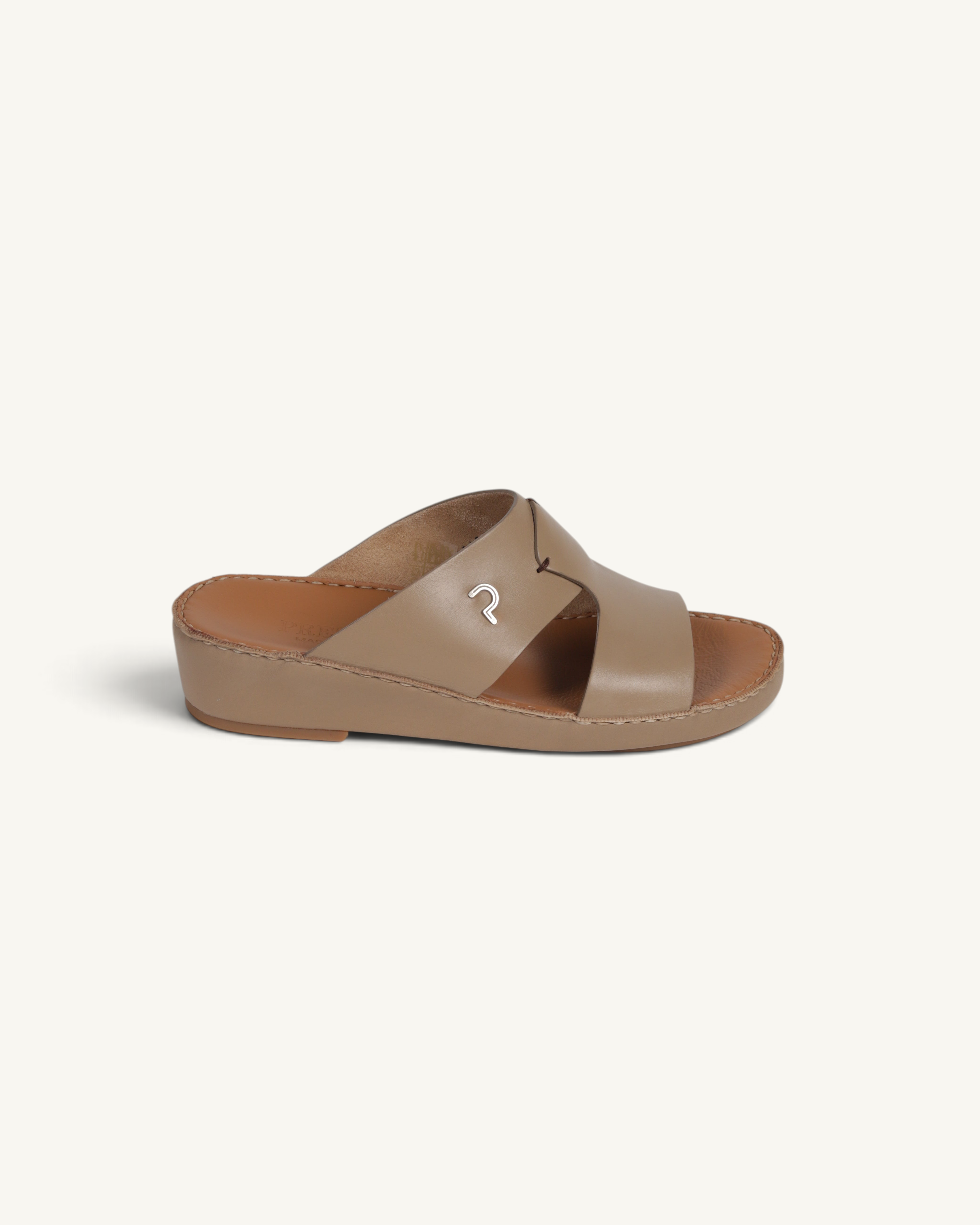 Prestige P3345 Phantom NC Sharon beige leather slide sandal with a low wedge heel and metallic logo detail
