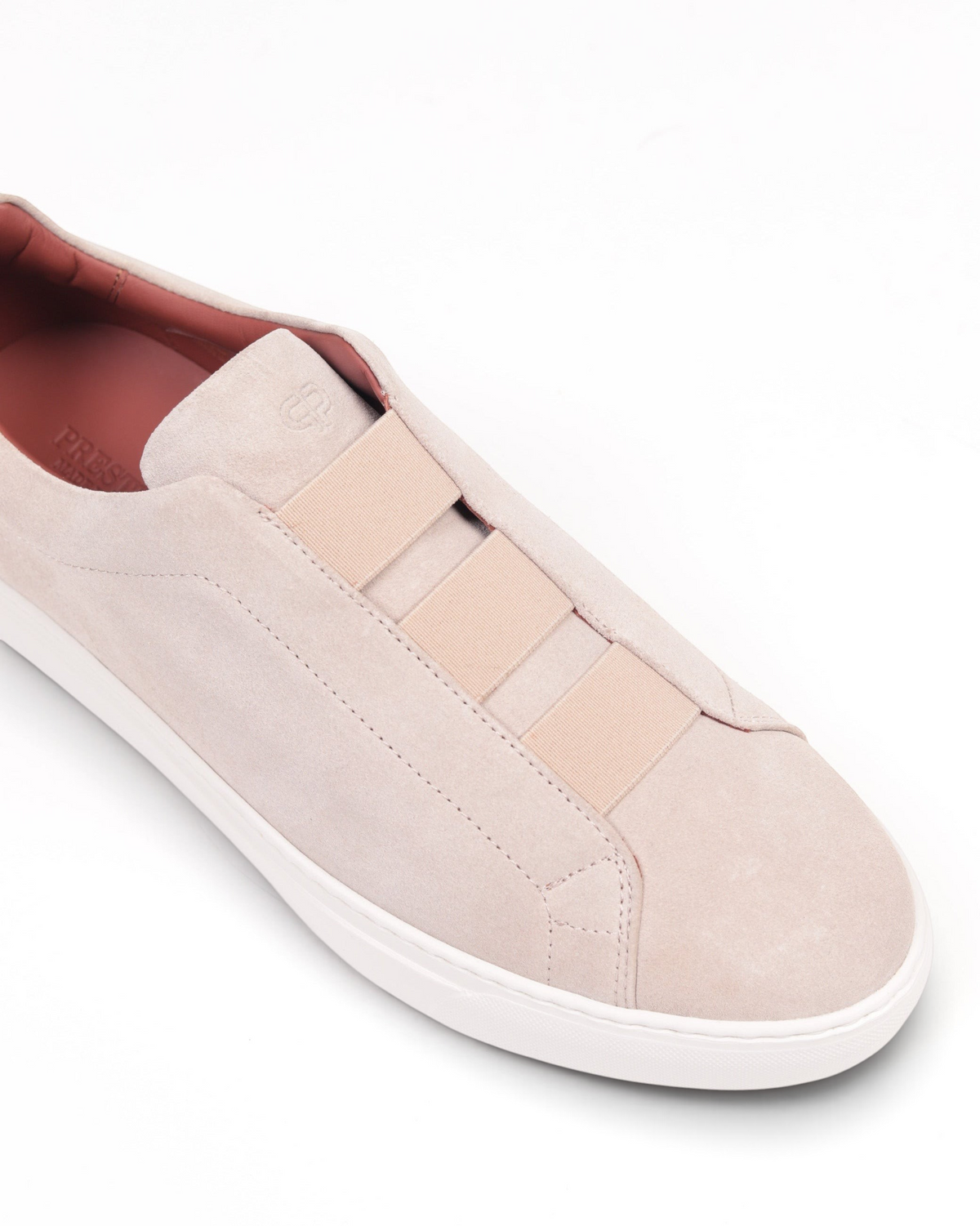 Prestige beige velour sneaker with triple stitch elastic detail and white rubber sole