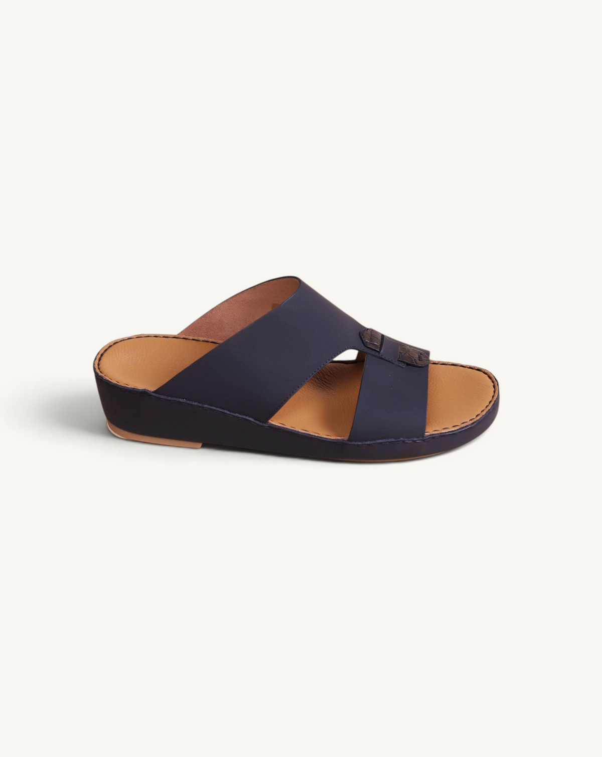 Prestige P3311 Centurion slide sandals in black matte leather with crocodile texture detail and tan footbed